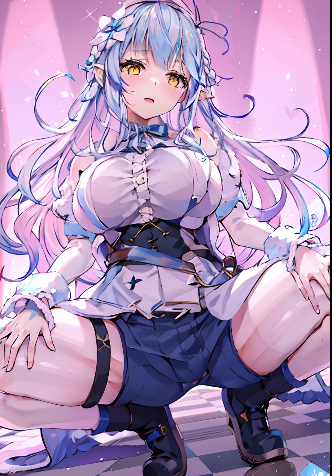 anime girl with long white hair sitting on a checkered floor, small curvy loli, splash art anime loli, azur lane style, from the azur lane videogame, marin kitagawa fanart, ayaka genshin impact, holding a pudica pose, anime moe artstyle, high detailed official artwork, loli, zerochan art