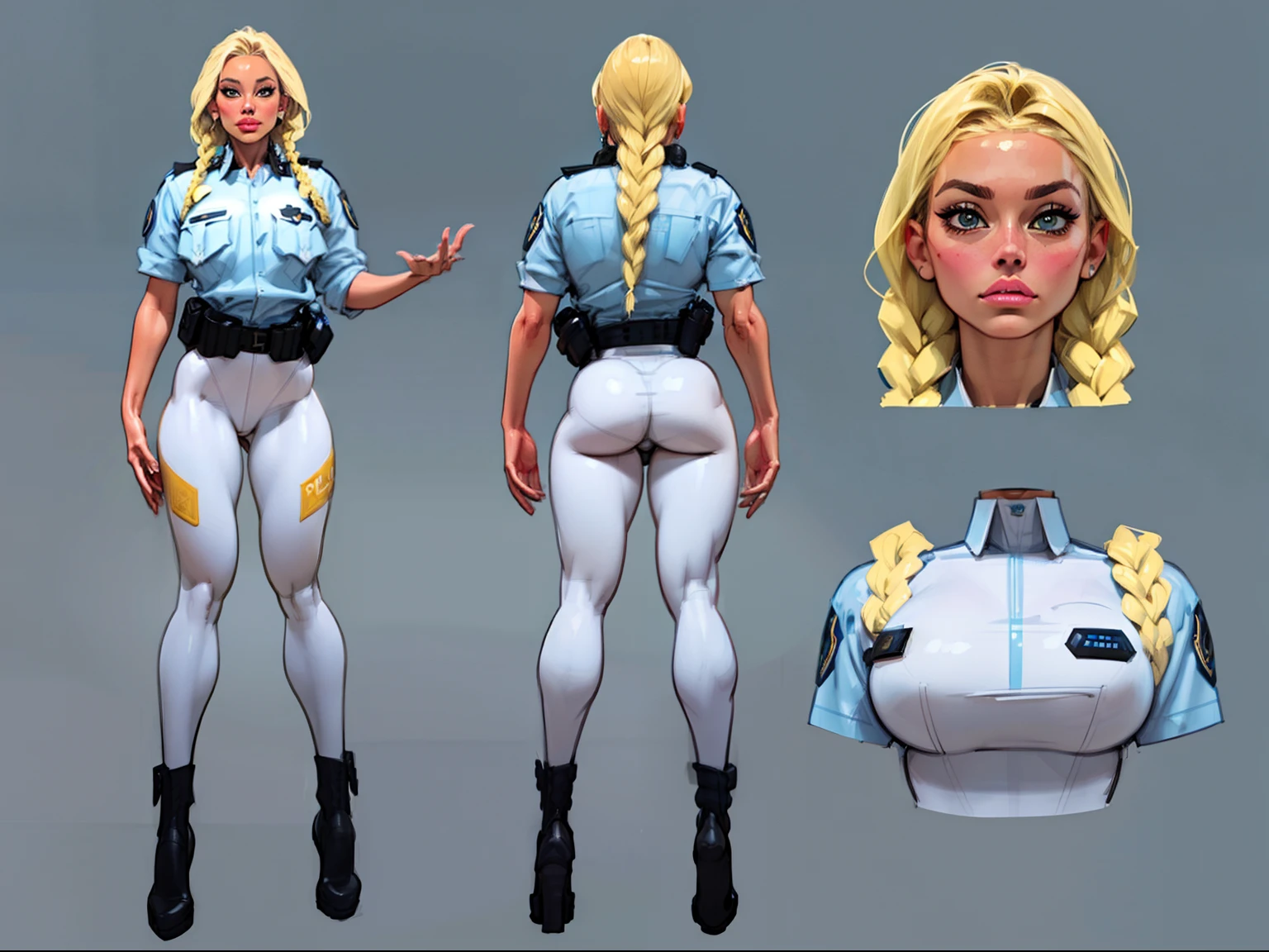 ((masterpiece)),(((best quality))),((character design sheet)), illustration,1woman, environment Scene change, (long braided hair:1.4),((futuristic police officer:1.5)), muscular, black legs, thick legs, (pale skin:1.3)scribbles and marks, light blue shirt, ((detailed face:1.1)), rough sketches, (puffy lips:1.5), pose too, ((brunette hair:1.2)), (police officer outfit:1.3) , 8k,16k, (simple background, light background: 1.3)