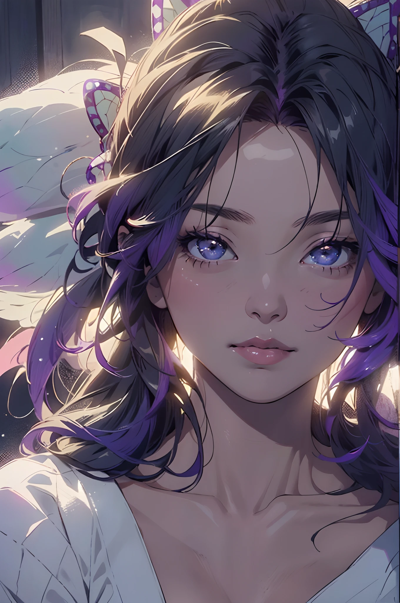 melancholy lighting, quiet, calm, brightness, masterpiece, best quality, 1girl, (JinxLol:1.2), (ultra photorealistic:1.3), (masterpiece:1.4), best quality, ((realistic)), high quality, ultra detailed, ((real image)), ((realistic skin)), ((realistic face)),(illustration:1.05), (beautiful:1.05), (beautiful detailed eyes:1.05), (cinematic light:1.1), red torino deataques, full body shinobu kocho cosplay, Ultra high res.photorealistic:.1.4, UHD, purple hair of shinobu kocho,