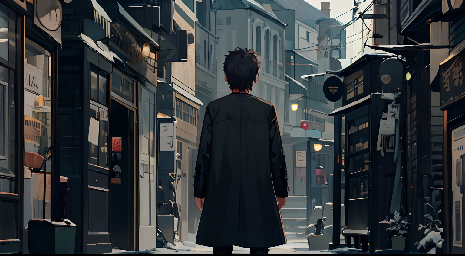 there is a man in a black coat standing, single character full body, full body single character, distant full body view, highly detailed character, full body character, character is standing, full character body, ( ( wearing a long coat ) ), zoomed out full body, anime style character, male character