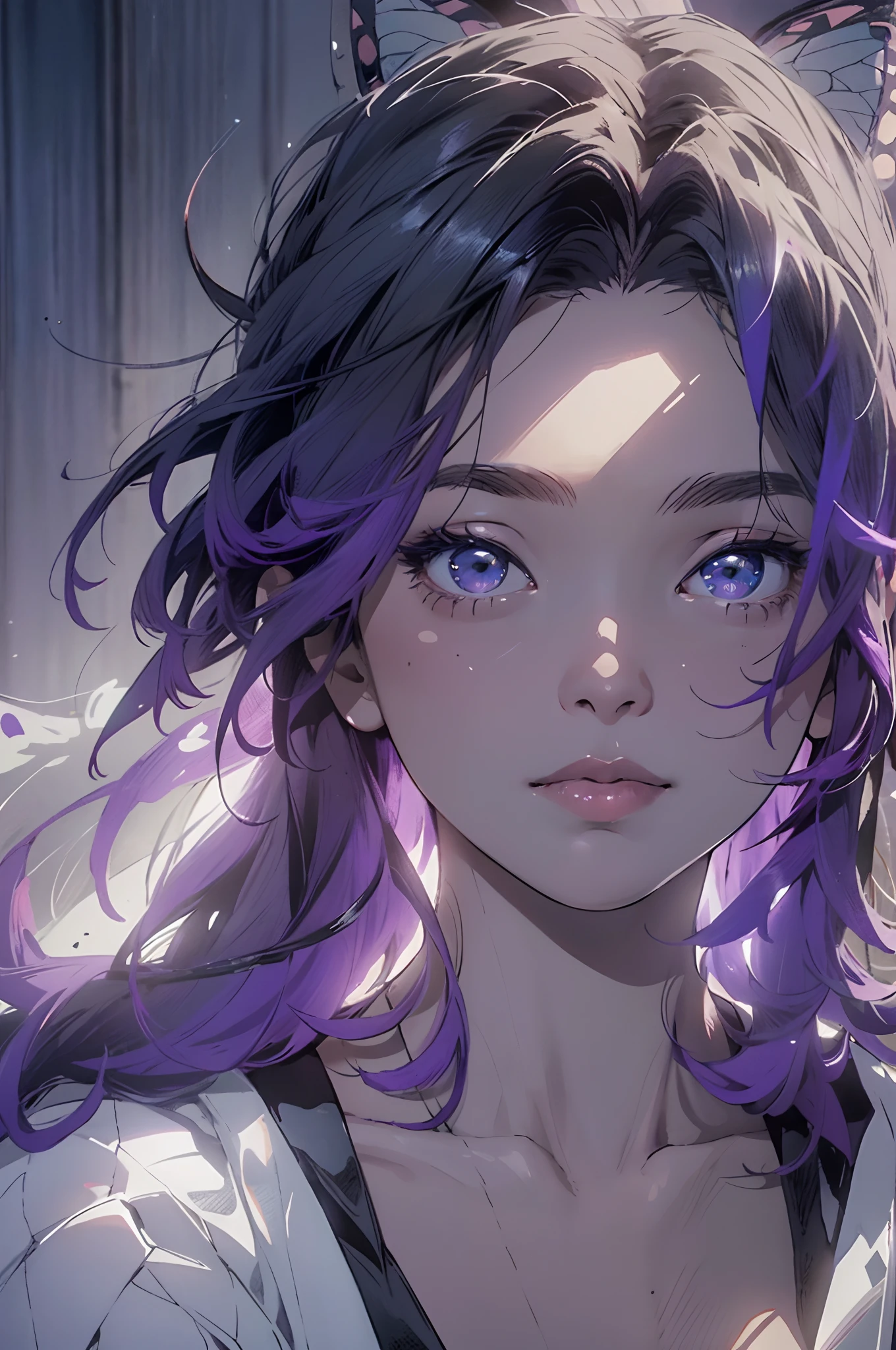 melancholy lighting, quiet, calm, brightness, masterpiece, best quality, 1girl, (JinxLol:1.2), (ultra photorealistic:1.3), (masterpiece:1.4), best quality, ((realistic)), high quality, ultra detailed, ((real image)), ((realistic skin)), ((realistic face)),(illustration:1.05), (beautiful:1.05), (beautiful detailed eyes:1.05), (cinematic light:1.1), red torino deataques, full body shinobu kocho cosplay, Ultra high res.photorealistic:.1.4, UHD, purple hair of shinobu kocho,