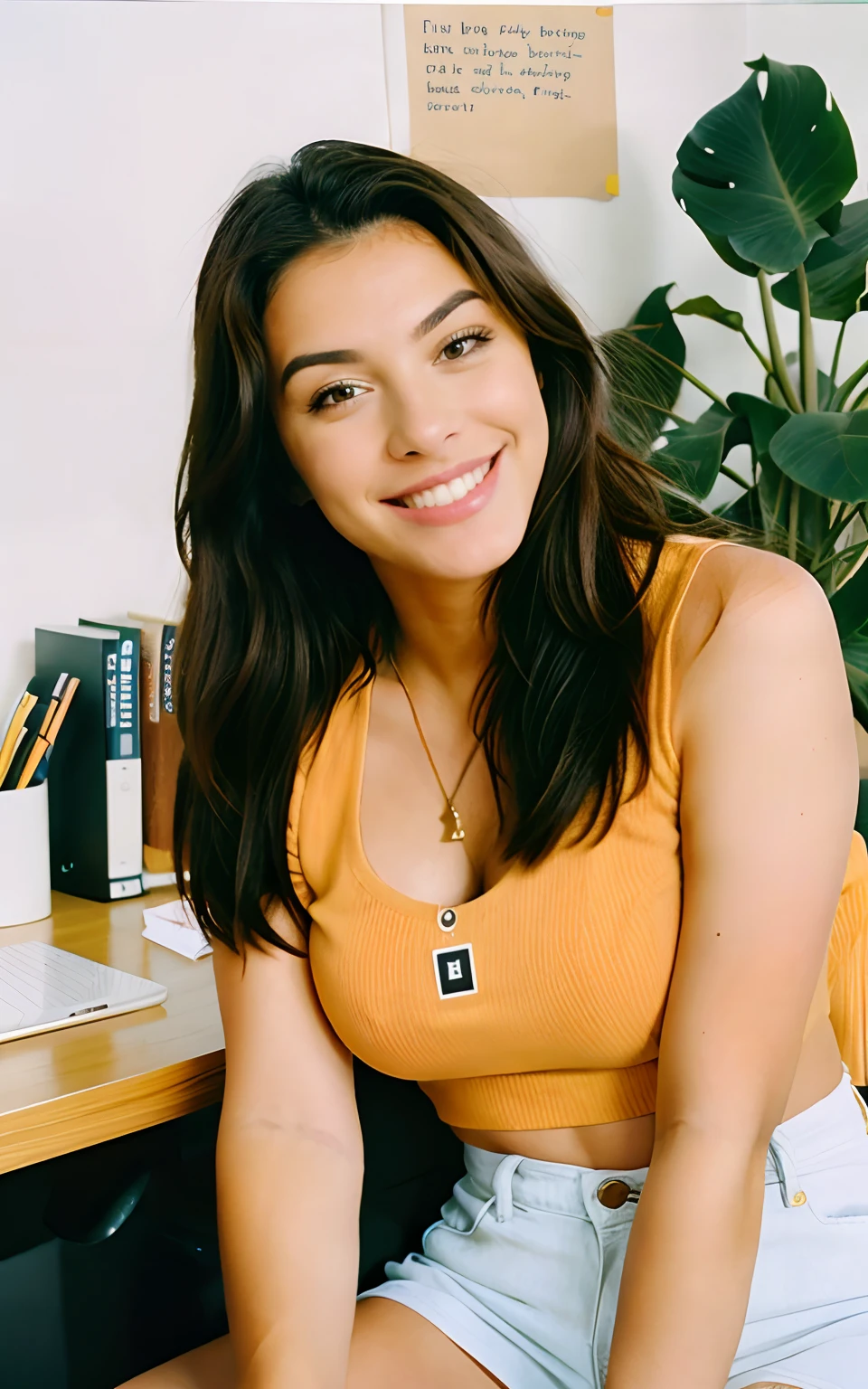 Kodak disposable camera photo of a beautiful female, smiling suggestively, sitting in an office
