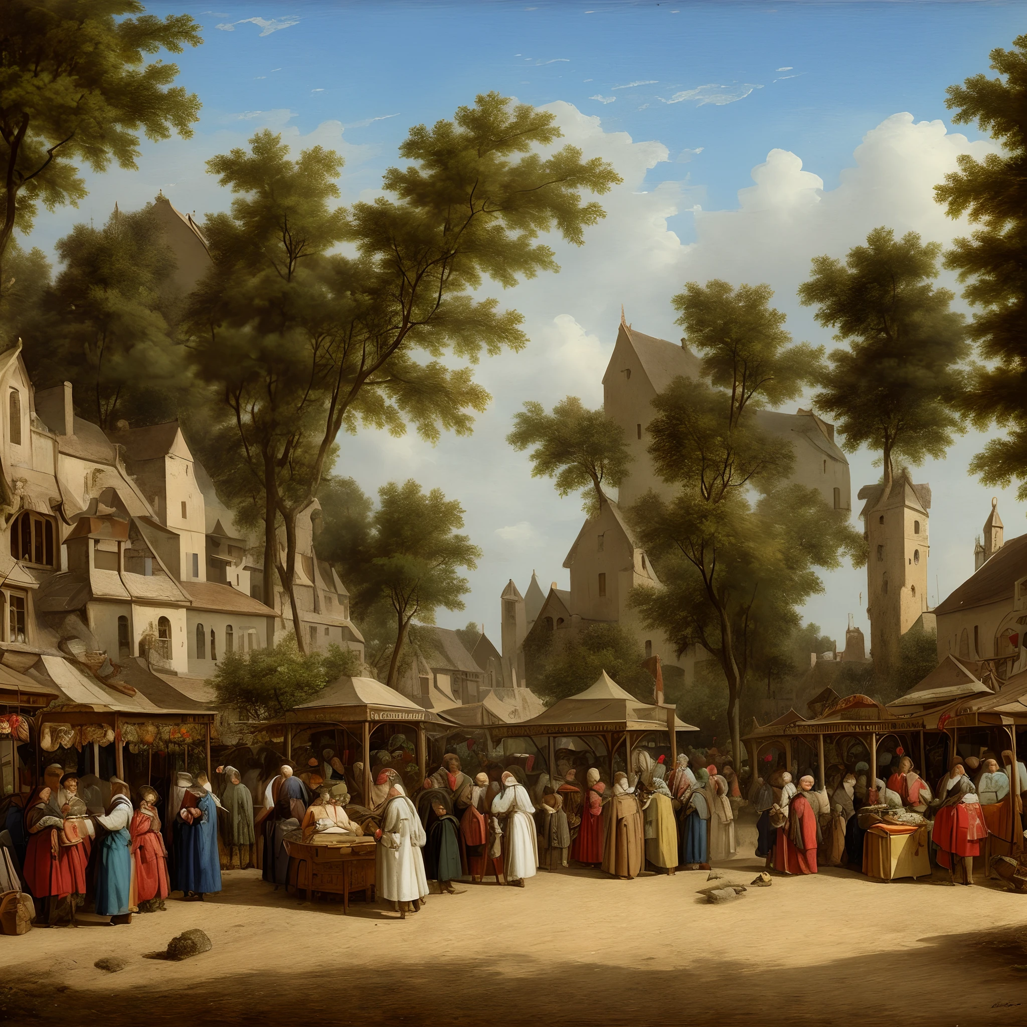Oil painting, ancient times, a very rustic grocery store, with a counter full of sweets, a child shopping and an old gentleman attending to the child who is with his skinny pet dog