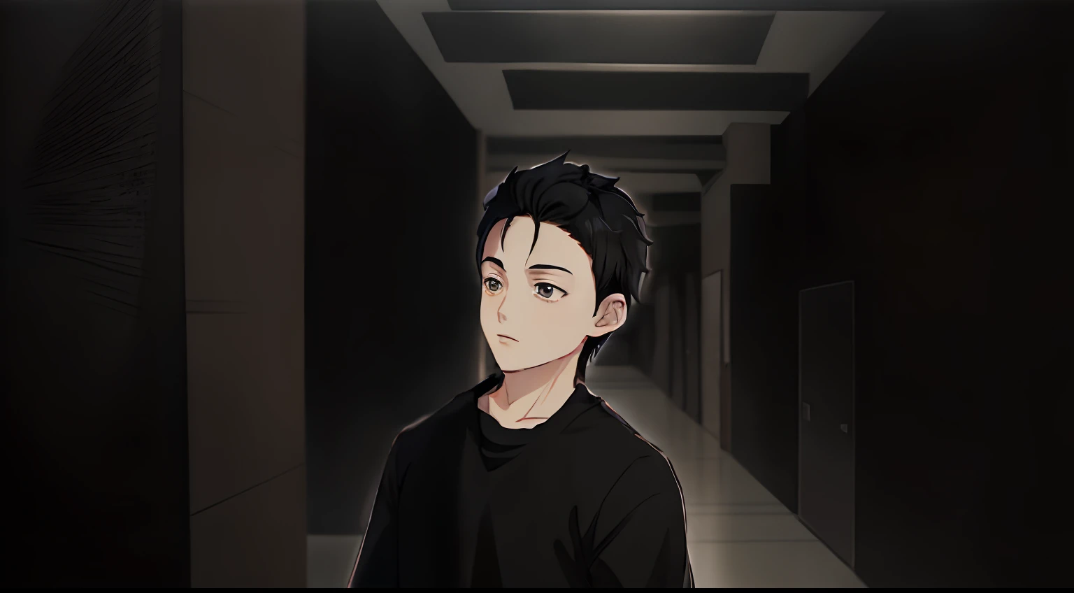 anime boy with black hair and black shirt standing in front of a gray background, made with anime painter studio, anime style character, painted in anime painter studio, a handsome man,black short hair, in an anime style, young anime man, flat anime style shading, boy has short black hair, anime stylized, kentaro miura art style, stylized anime, sad expression, looking up