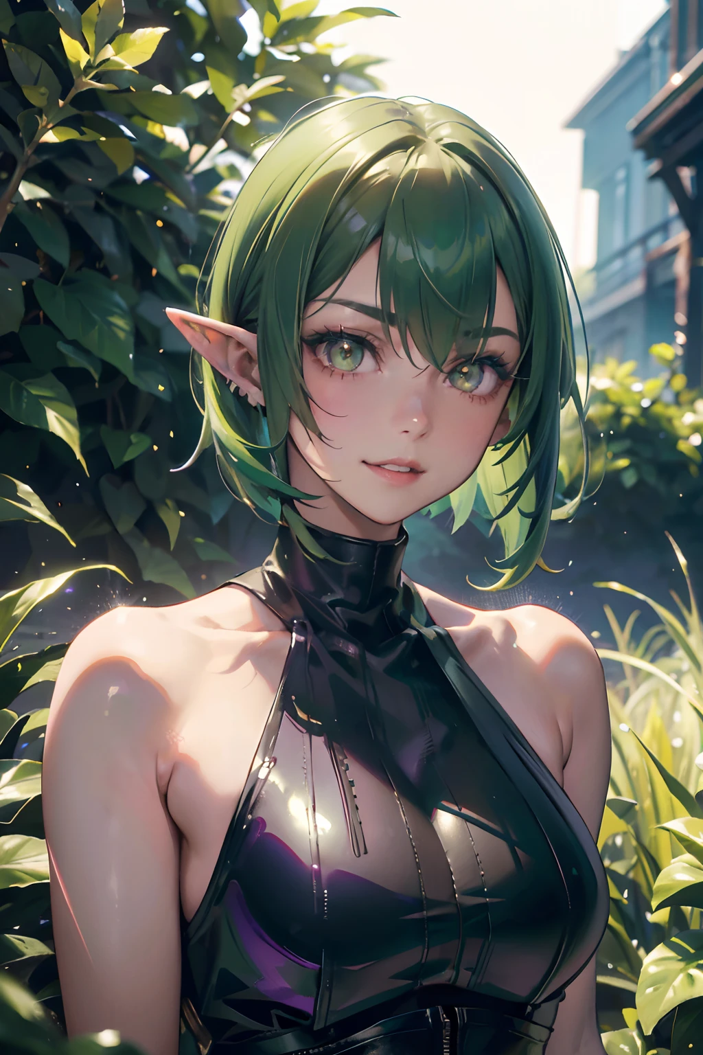 a 20 yo woman、Green hair、Green-purple hair、Bery short hair、Big smile、ears are pointed、Elven Beauty、(hi-top fade:1.3)、dark themed、Muted Tones、Subdued Color、highly contrast、(natural skin textures、Hyper-Realism、Soft light、sharp)