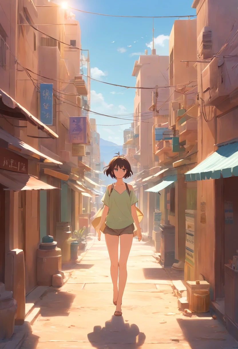 Create a Disney-style 3D illustration of the dusty streets of the Judean Desert crime scene.. Focus on realism and attention to detail in the environment., Including the surface of the dusty road., Desert landscape, And the soft illumination of the sun.. Make the scene look realistic and attractive in the mountains. Beautiful Woman、Normal breasts、short cut、No clothes.、Stand with your legs open.、
