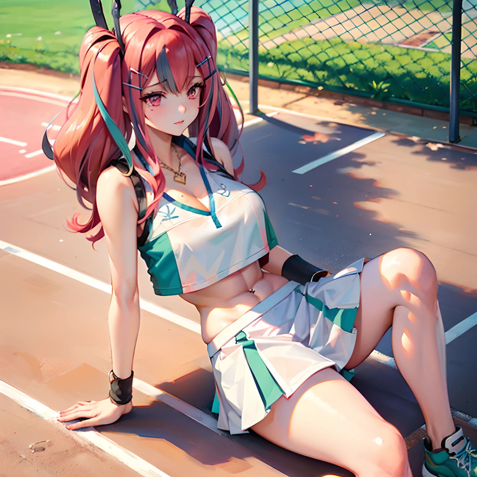 a woman sitting on a tennis court holding a racquet, long hair, breasts, skirt, large breasts, shirt, hair ornament, bare shoulders, twintails, pink hair, heart, multicolored hair, outdoors, shoes, sleeveless, hairclip, pink eyes, necklace, bag, official alternate costume, streaked hair, crop top, sleeveless shirt, bottle, x hair ornament, sneakers, ball, sportswear, fence, crop top overhang, water bottle, chain-link fence, heart necklace, two-tone shirt, two-tone skirt, tennis uniform, racket, tennis racket, tennis ball, manjuu (azur lane), bremerton (azur lane), bremerton (scorching-hot training) (azur lane), (looking at viewers