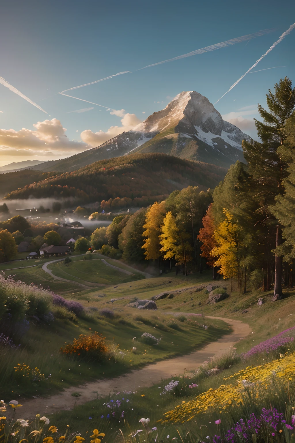 tmasterpiece, beste-Qualit, hiquality, высокодетализированные обои CG унифицированные 8K, Beautiful Landscape Oil Painting, award-winning photo, blurred background, Depth of field, HDR, Flowers, Color difference, photo realism, A highly detailed, Artstation Trend, CGsociety Trend, intrikate, higly detailed, art and the masterpiece of Midway, beste-Qualit, extremely detailed CG unified 8k wallpaper, Lush summer landscape, Green Hills, stretching to the horizon,  decorated with yellow and red flowers and purple, volumetric lighting and a masterpiece, high-quality, extremely detailed CG unified wallpapers 8k, serene autumn landscapes, surrounded by golden-yellow, fiery red and burnt orange trees. The fresh air is filled with the sweet aroma of fallen leaves and wood smoke. The ground was covered with a layer of warm leaves, rustling under your feet. In the distance, a mountain shrouded in mist, Three-dimensional lighting and masterpieces, topquality, high-quality and extremely detailed CG unified wallpaper 8k, Winter overalls covered the amazing winter landscape, creating a sparkling white and cool blue world. Tall evergreen trees tall and proud;, three-dimensional lighting and masterpieces. topquality, High quality and extremely detailed computer graphics bring together a vibrant spring landscape, full of new life and colours. The hills are covered with green carpets, decorated with delicate pink wildflowers, purple and yellow shades and three-dimensional lighting