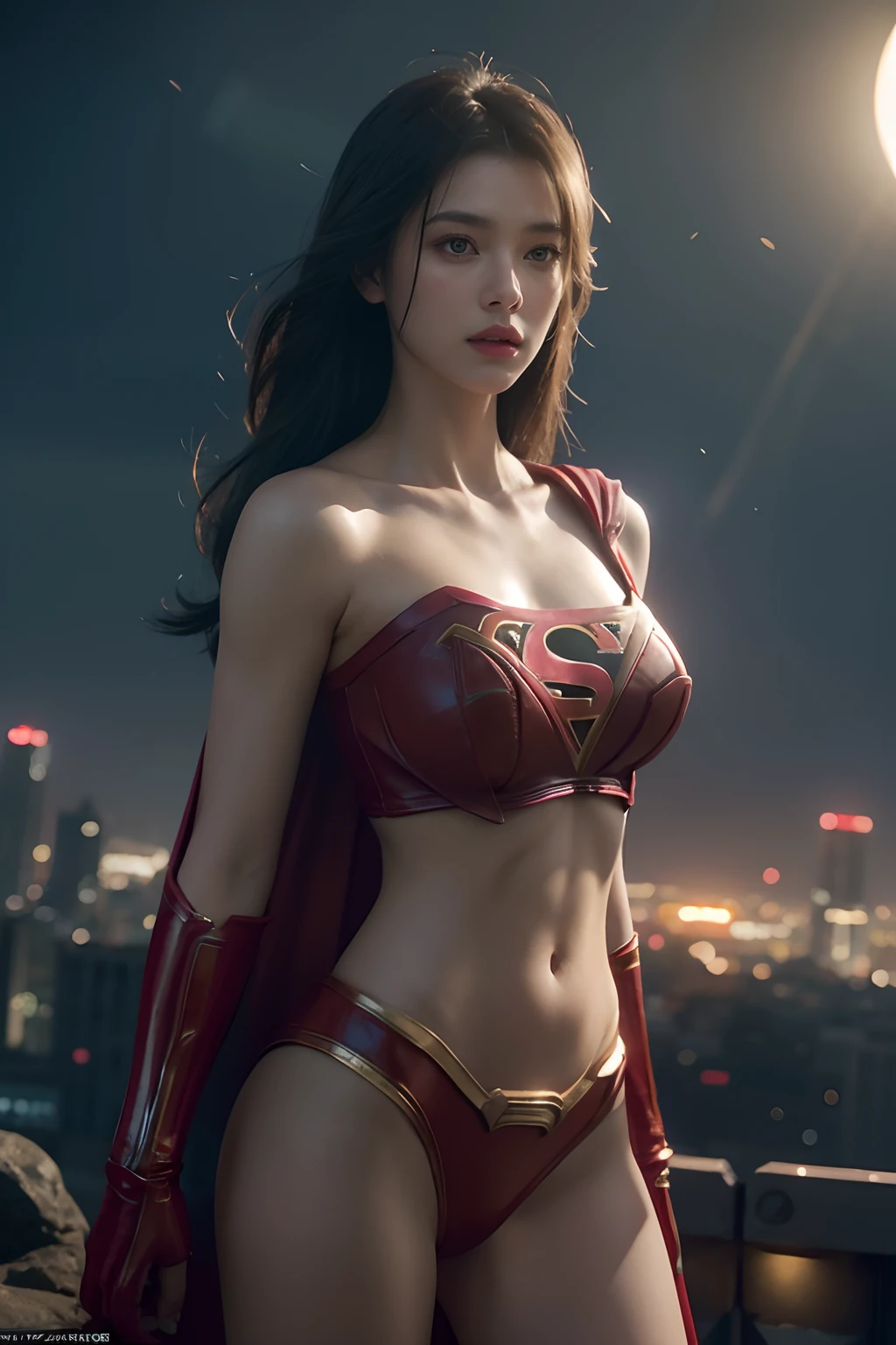 Supergirl, above the city, preparing for battle, detailed artistic photography, beautiful detailed face, dreamy, glowing, backlit, glamour, glow, shadows, oil on canvas, brush strokes, soft, ultra high definition, 8k, unreal engine 5, ultra focus sharp, artgerm, loish, sf, intricate art masterpiece, menacing, matte paint movie poster, golden ratio, trends in cgsociety, intricate, epic, highly detailed, vibrant, production cinematic character rendering, quality model ultra high, huge boobs, nsfw