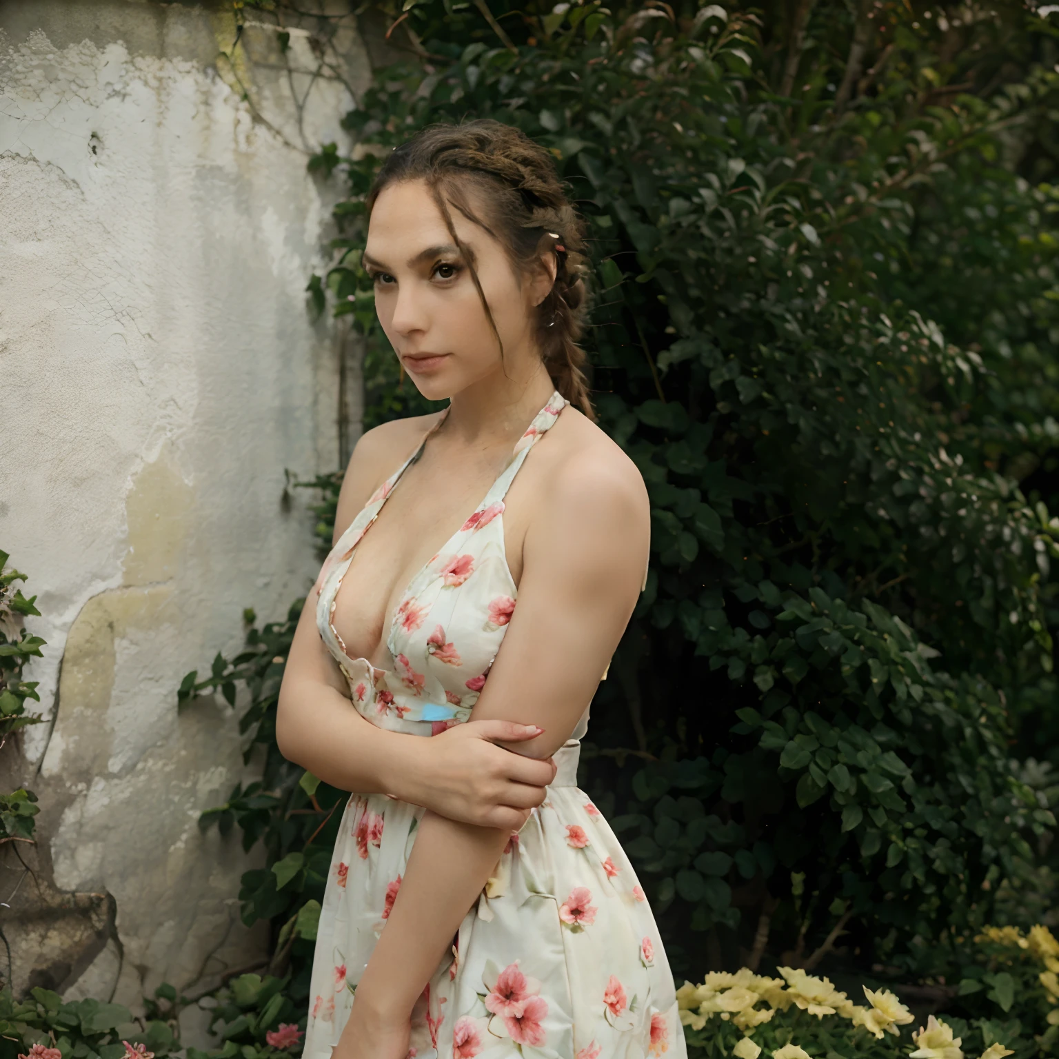 Woman, look at viewer, French braid hair , flower Halter Dress, cleavage, garden landscape design, (rim light)