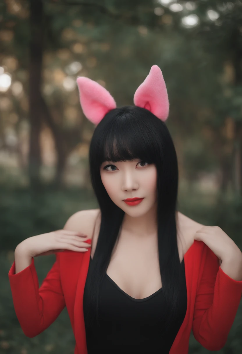 black hair, hair bobbles, wince, longeyelashes, solid circle eyes, fake animal ears, light smile, ear blush, fang, Surrealism, drop shadow, anaglyph, stereogram, tachi-e, pov, atmospheric perspective, 8k, super detail, ccurate, best quality