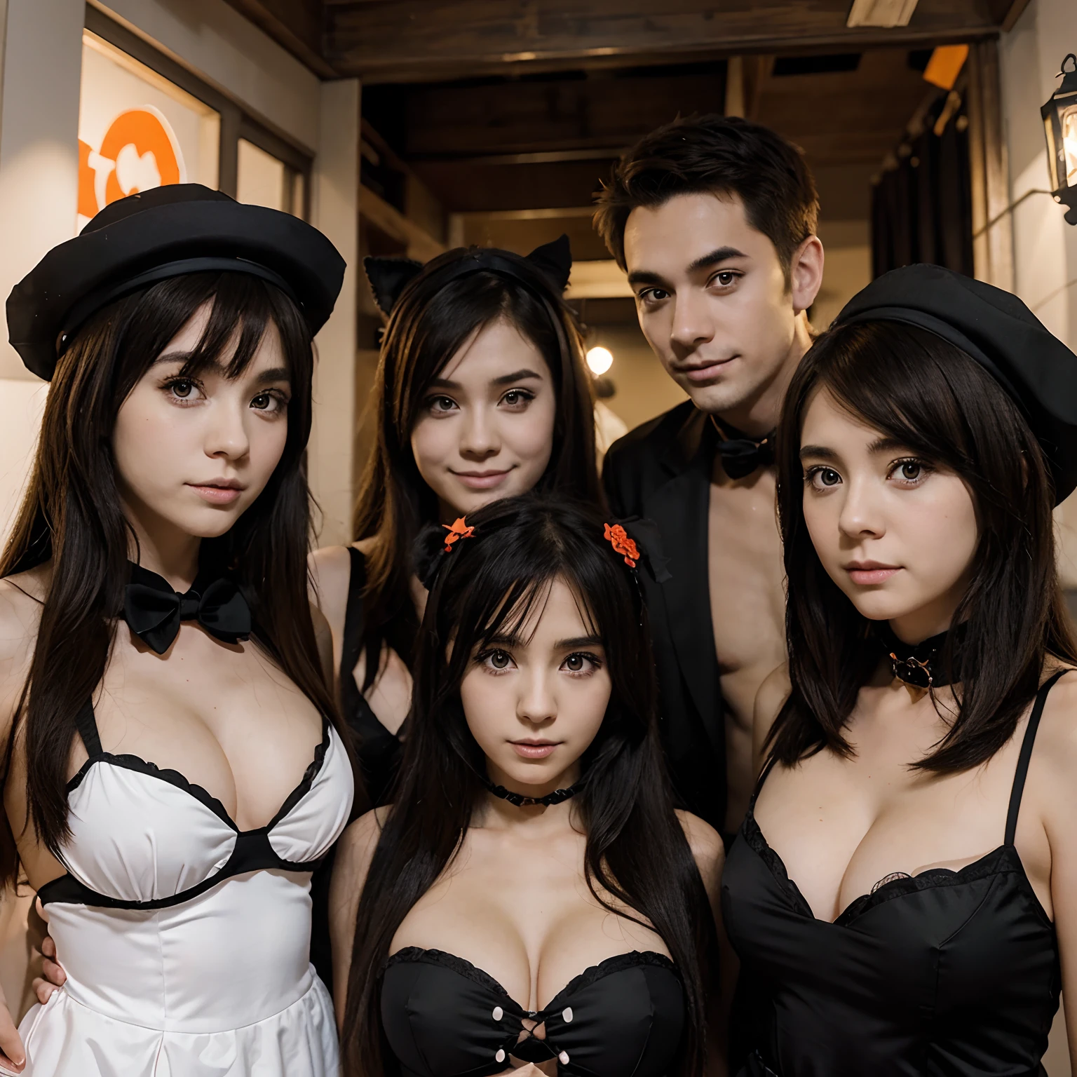 5 friends, anime art style, two guys three girls, halloween outfits, pfp, cute