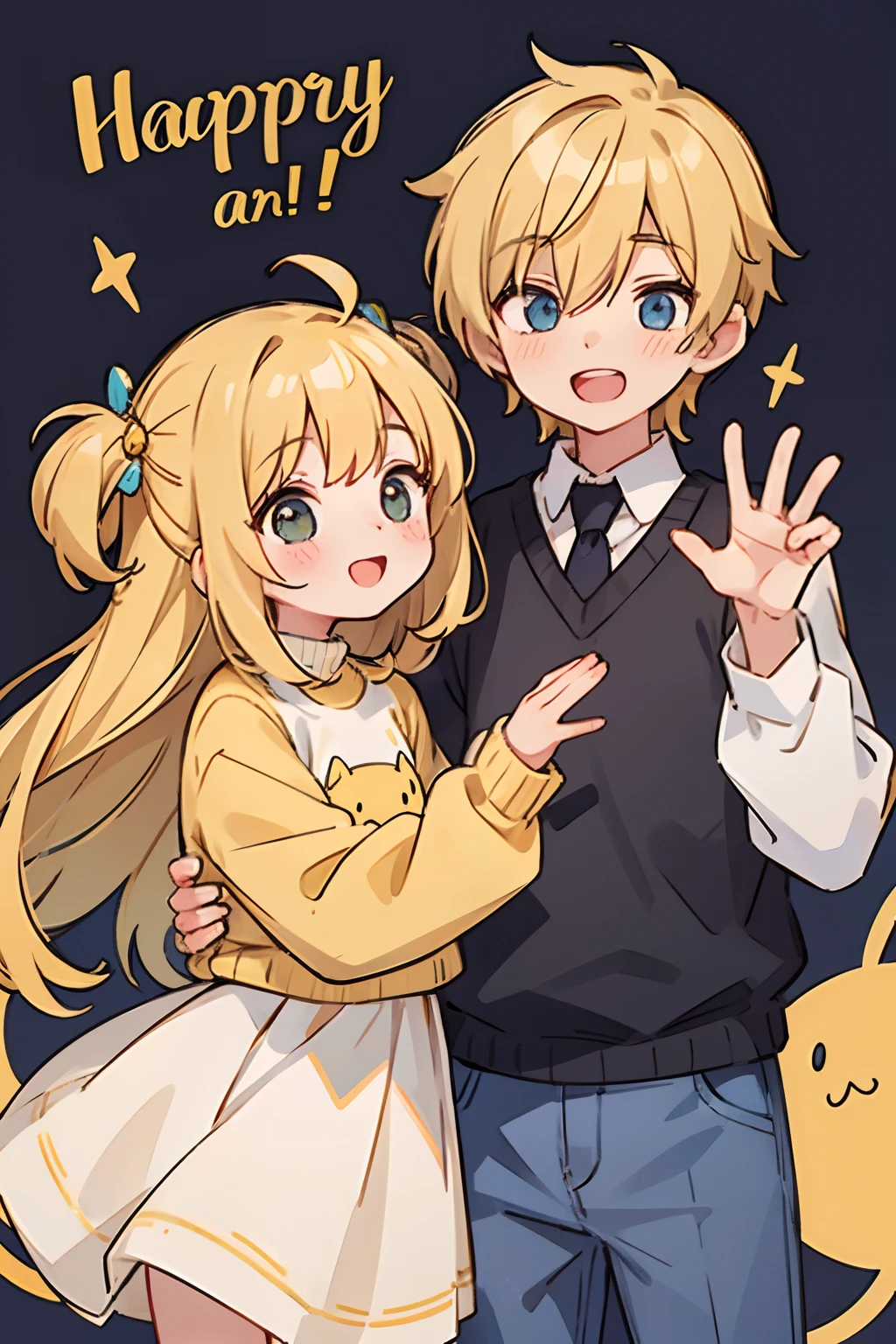 yellow blond long hair, 1Girl, 1 boy, couple, Sweaters, happy face