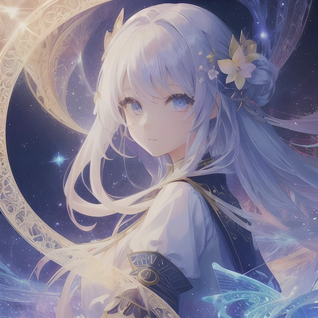 1 beautiful girl、(masterpiece、top-quality、top-quality、Beautifully Aesthetic:1.2)、(1girl in:1.3)、(Fractal Art:1.3)、Clothing of the near future、Round Detail Frame、Fluttering hair、Background of the near future、Sparkling eyes、Dynamic、starrysky