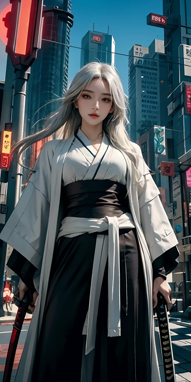 photorealistic, high resolution, soft light,1women, solo, hips up, (detailed face), white long hair, cybersamurai, cyborg, cyberpunk,  cyber armor, holding weapon,glowing,on the street , kimono , sniper looking at the target, katana,cloak
