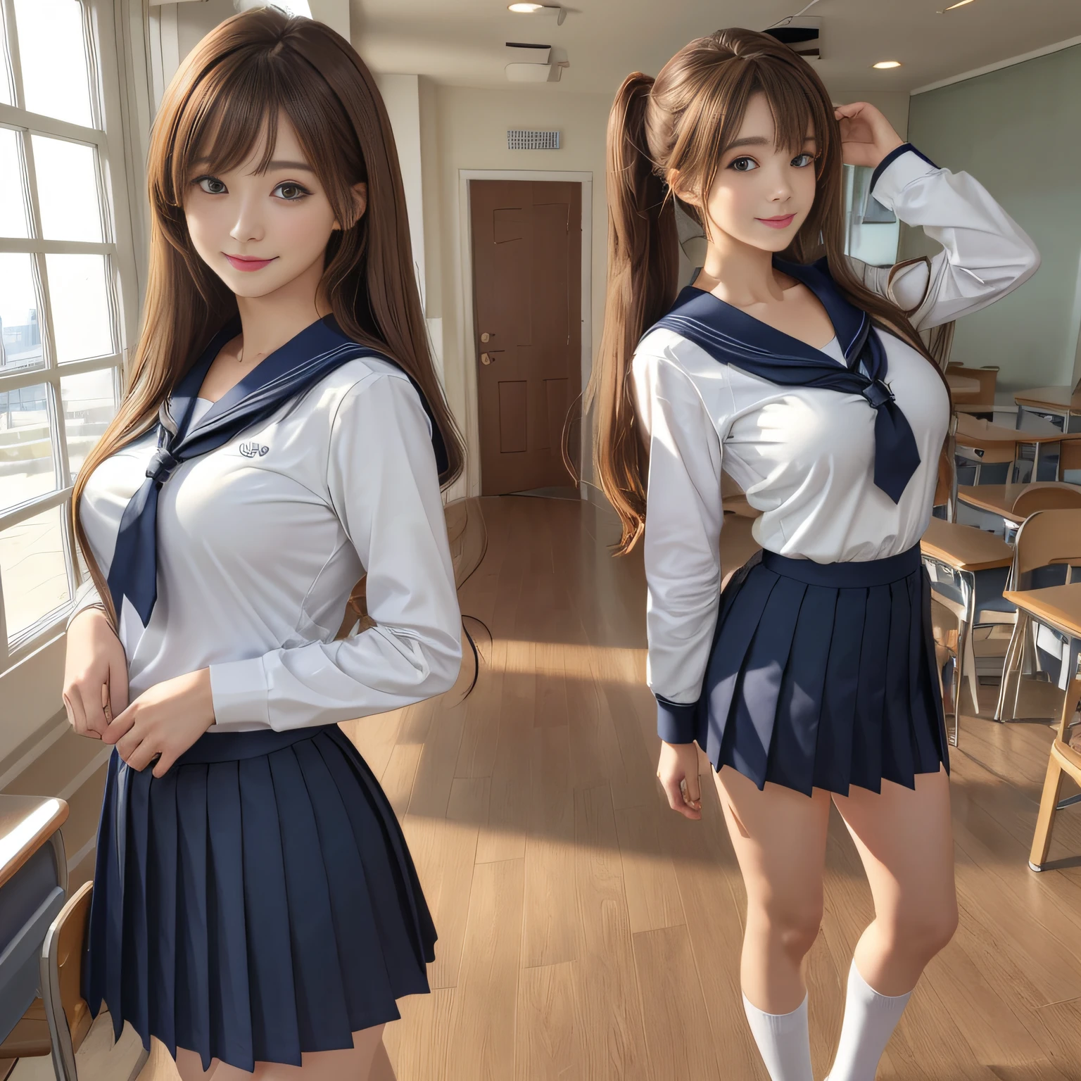 (masuter piece:1.3)、(8K、Photorealsitic、Raw photography、top-quality: 1.4)、(2girls)、Beautiful expression、(Lifelike face)、(light chestnut hair、short-cut: 1.5)、Twin tail、Realistic eyes、Beautiful details、(real looking skin)、Beautiful skins、absurderes、enticing、超A high resolution、Ultra-realistic realism、high detal、the golden ratio、(Beautiful woman with accentuated slim abs:0.4)、(Casual Hair、Beautiful breasts)、Soft breasts、((cheely smile))、Exposed cleavage、Exposed legs、(standing in a classroom)、(Girl in front of school uniform、The skirt of the uniform is rolled up.、a sailor suit: 0.6)、(Thin fabric underwear、Fluttering chest、Flip the skirt: 1.8)、(Bewitching hips: 0.7)、(Looking back)、(Take a look at our:1.5)、(Looking at the camera)、Twintail hairstyle,A dark-haired、