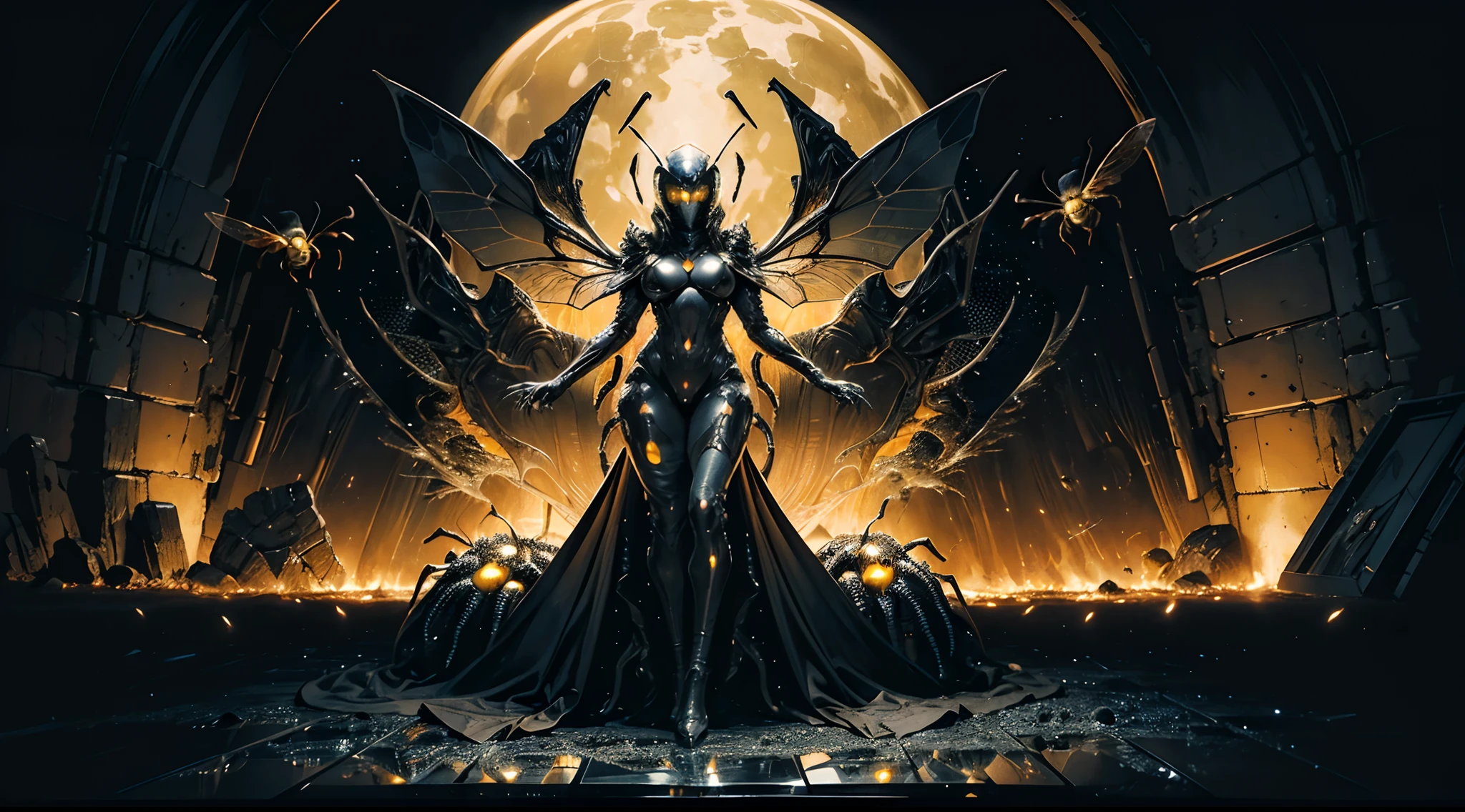 detailed, (in hans giger style), (black and cian colours), (alien hive in open space, a lot of holes, a lot of hexagons ), wide shot, look from fire, 4K, horror, (insect like alians, with huge wings, humanoid body shaip), (huge bee hive lihe alien hive), dark atmosphere