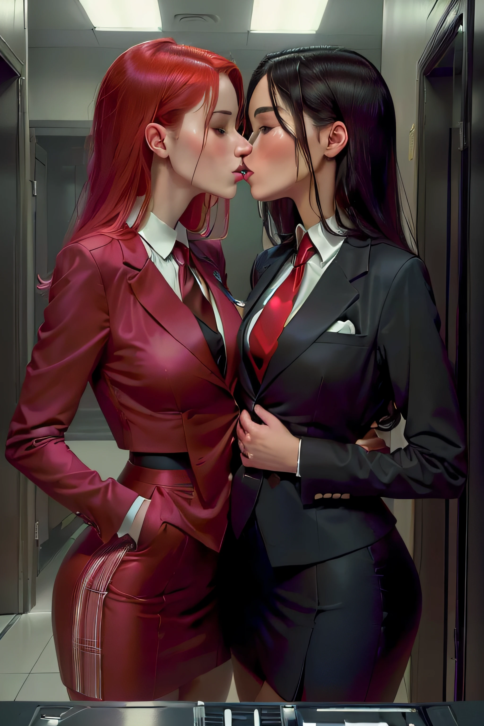 red girls, scale, (clear eyes), skirt suit, (((three-piece suit))), (((necktie))), blazer, (((suit jacket))), (((waistcoat))), double-breasted waistcoat, bodycon miniskirt, pencil skirt, flat breasts, , , (((kiss))), yuri, looking at each other, hug, (((passionate))), touching, tongue, mouth open, hands around waist, hands on face