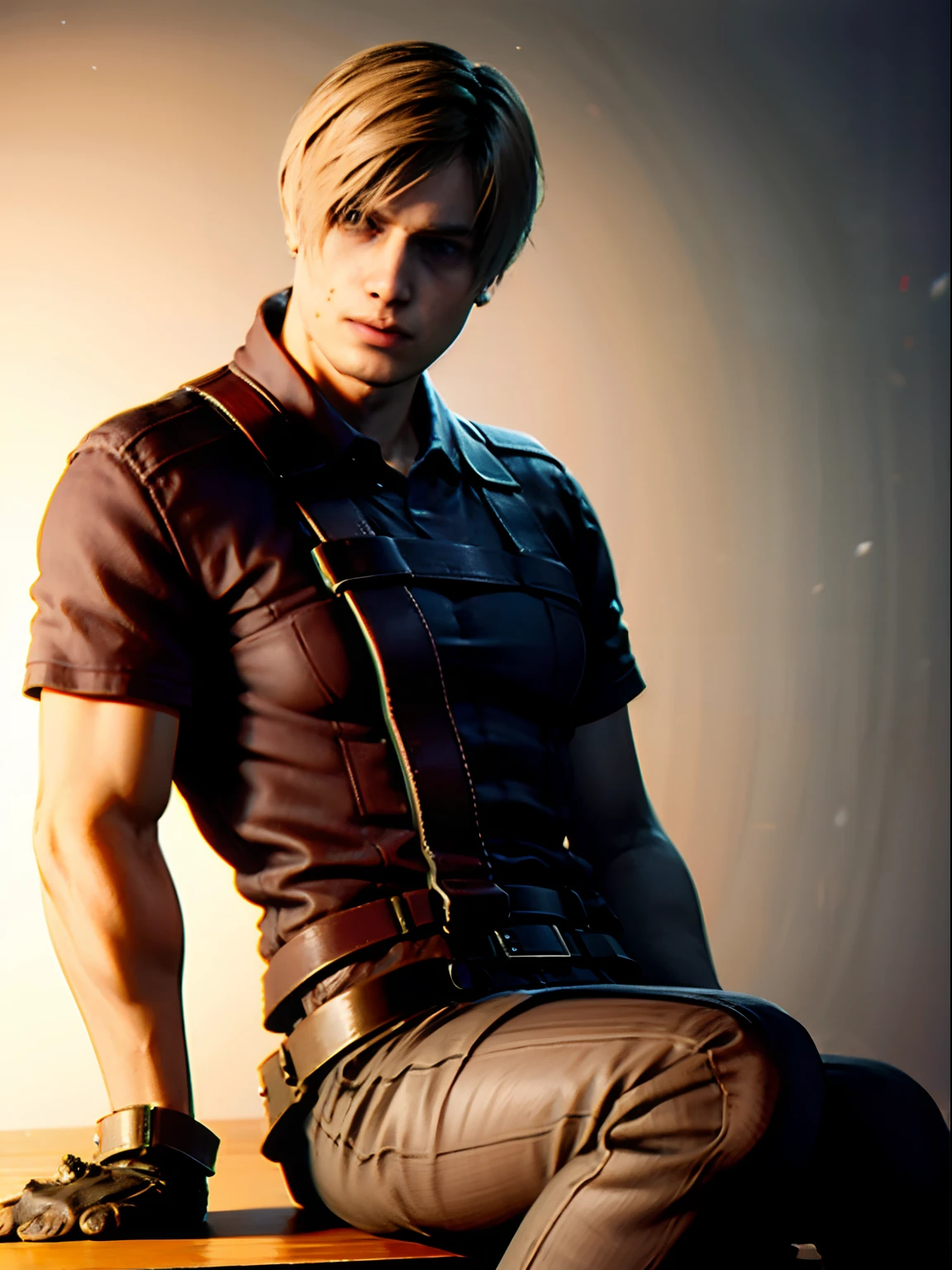 1 boy, shot by re4leon, leon S. Kennedy from the movie Resident Evil 4, sitting on a table, brown hair