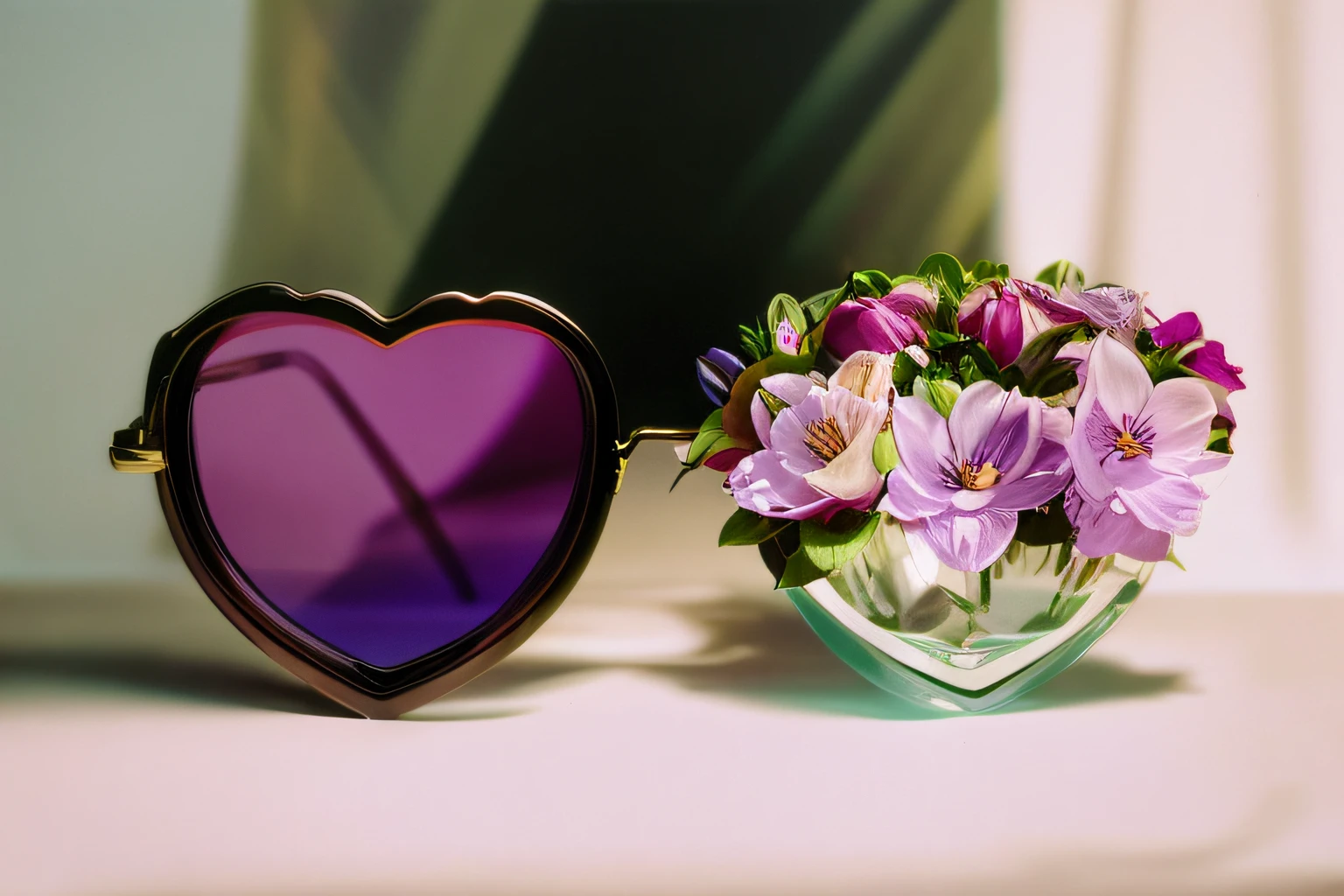purple flowers in a heart shaped vase next to a pair of sunglasses, masami kurumada, garden behind the glasses, implanted sunglasses, made of dried flowers, with sunglasses, eiko ishioka, victorian goggles, inspired by Leo Leuppi, with sunglass, inspired by Méret Oppenheim, hyperrealistic art nouveau, naoya tanaka