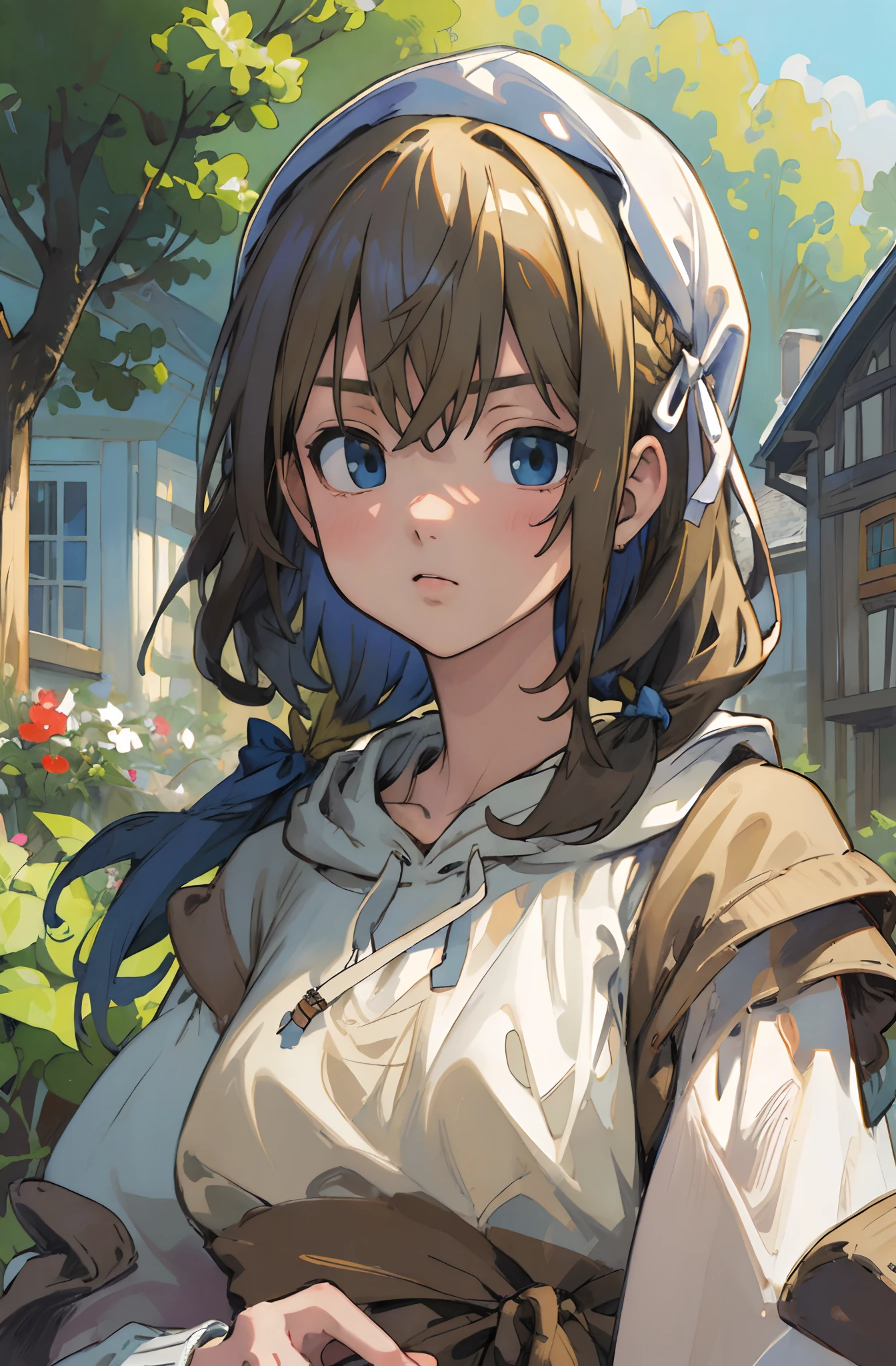 (masterpiece, best quality, ultra-detailed, illustration), beautiful face, blonde hair, hair ribbon, perfect body, 1girl, solo, hoodie and camisoles, camisoles, hair ribbon, dress, straps, village, old houses, outdoors, folk, legends