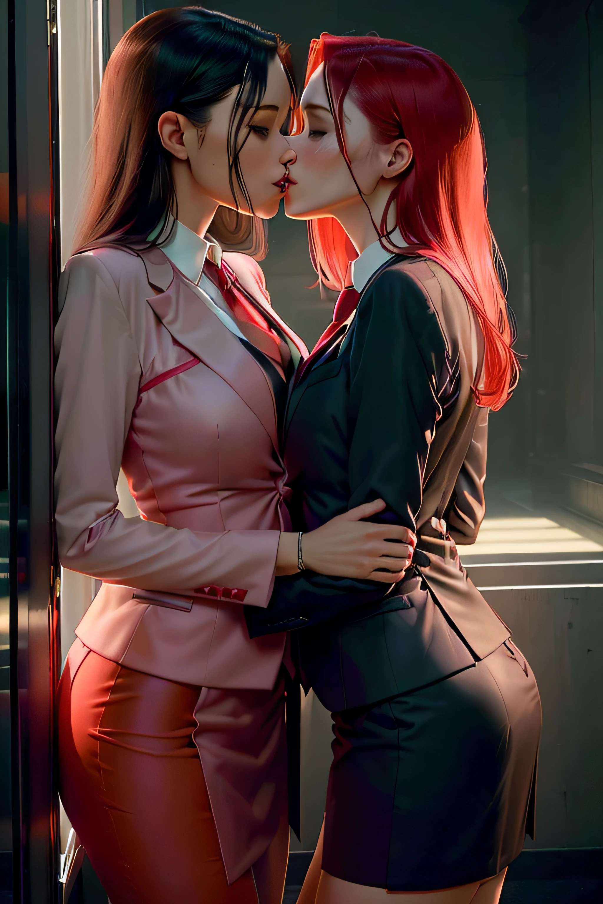 red girls, scale, (clear eyes), skirt suit, (((three-piece suit))), (((necktie))), blazer, (((suit jacket))), (((waistcoat))), double-breasted waistcoat, bodycon miniskirt, pencil skirt, flat breasts, , , (((kiss))), yuri, looking at each other, hug, (((passionate))), touching, tongue, mouth open, hands around waist, hands on face