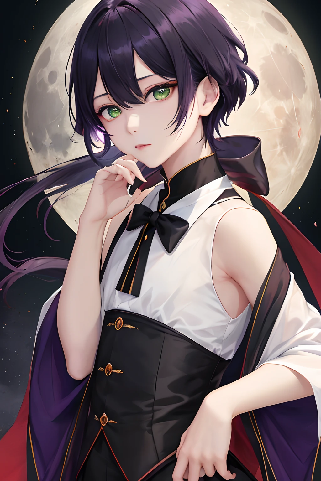a moon, top-quality, detaileds, masterpiece, kaneki ken, 1 juvenile, Male Focus, 独奏, Beautiful green eyes, Black background, bangss, Green eyes, Jade Eyes, shorth hair, The shirt, raise two hands, Dark purple hair, shirt with collar, Black shirt, Beautiful lips, looking at viewert, The upper part of the body, tusk, High class, 8K, detaileds, Ray traching, depth of fields, 电影灯光, glamor、male people、ember、Male child