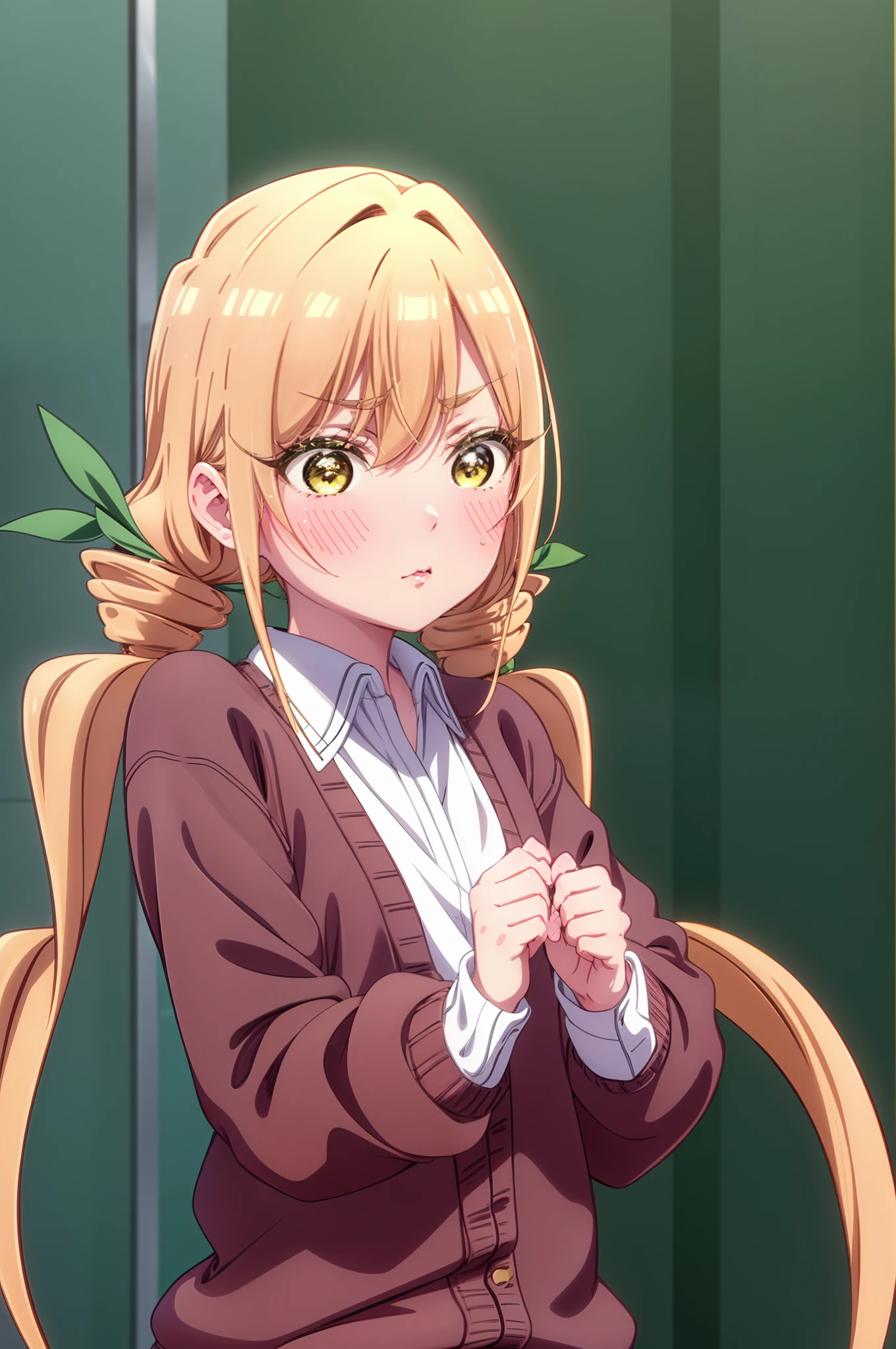 1girl, blonde hair, blush, cardigan, full-face blush, hair between eyes, long hair, long sleeves, looking at viewer, low twintails, school uniform, shirt, solo, twintails, upper body, white shirt, yellow eyes