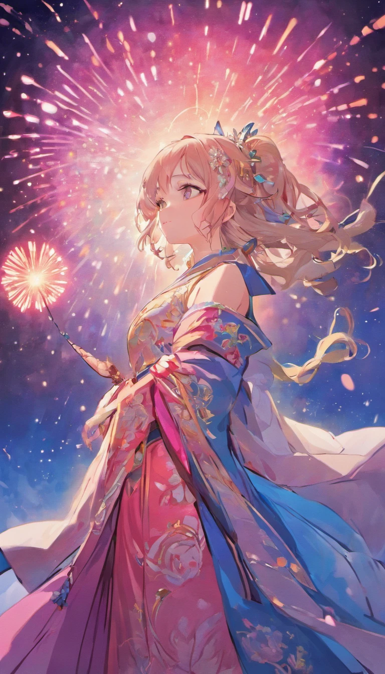 (best qualtiy,tmasterpiece), Beautiful age girl, Beautiful goddess, ((period costume, Hanfu, One shoulder)), Beautiful hair accessories, the night, starrysky, cold light, (In pink, cyan colors, white colors), ((From below)), ((full bodyesbian)), ((Realistic))