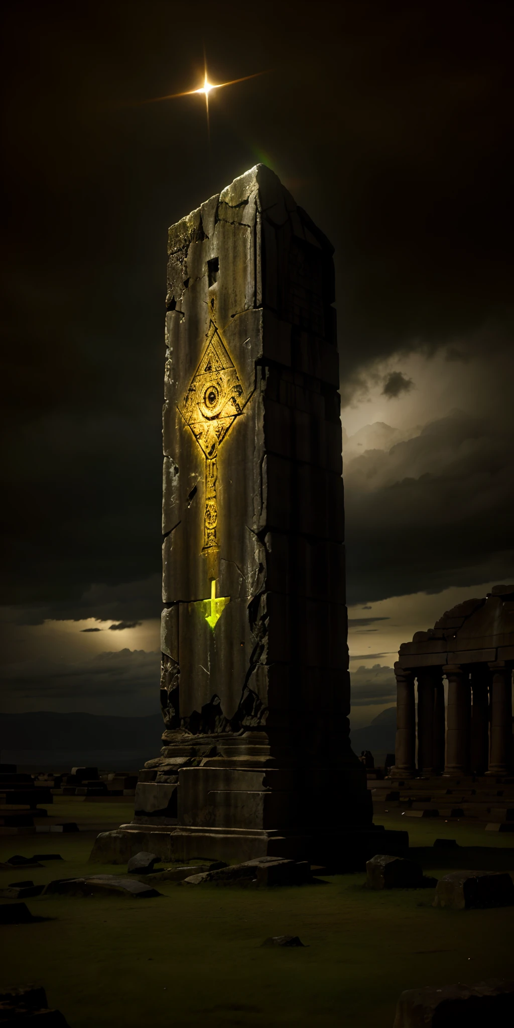 An ancient, weathered monolith standing alone, engraved with an enigmatic, glowing symbol