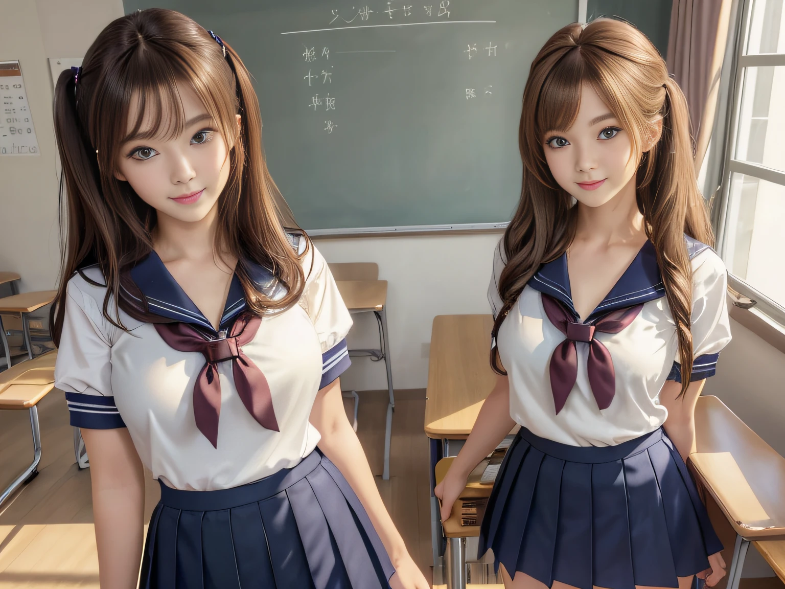 (masuter piece:1.3)、(8K、Photorealsitic、Raw photography、top-quality: 1.4)、(2girls)、Beautiful expression、(Lifelike face)、(light chestnut hair、short-cut: 1.5)、Twin tail、Realistic eyes、Beautiful details、(real looking skin)、Beautiful skins、absurderes、enticing、超A high resolution、Ultra-realistic realism、high detal、the golden ratio、(Beautiful woman with accentuated slim abs:0.4)、(Casual Hair、Beautiful breasts)、Soft breasts、((cheely smile))、Exposed cleavage、Exposed legs、(standing in a classroom)、(Girl in front of school uniform、The skirt of the uniform is rolled up.、a sailor suit: 0.6)、(Thin fabric underwear、Fluttering chest、Flip the skirt: 1.8)、(Bewitching hips: 0.7)、(Looking back)、(Take a look at our:1.5)、(Looking at the camera)、Twintail hairstyle,A dark-haired、