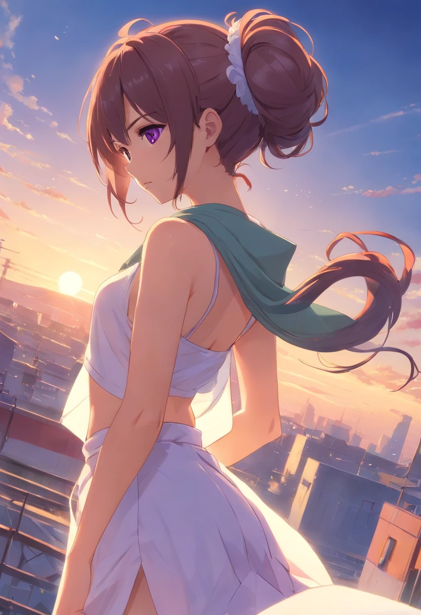 (Realistic painting style:0.9), Masterpiece, Best quality, absurderes, view the viewer, Solo, hair-bun, Skirt, Scarf, White skirt, haar, double tails, Purple eyes, Diamond-shaped pupils, hair adornments, Bare shoulders , Breasts, cone hair bun, Long hair, cropped shoulders,Underarms,full bodyesbian