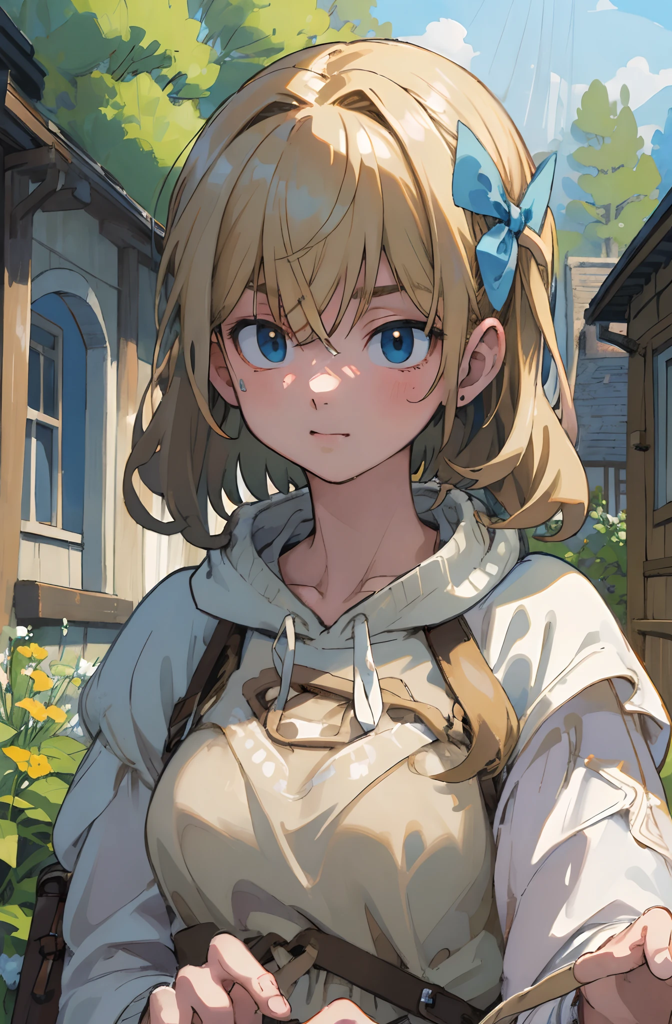 (masterpiece, best quality, ultra-detailed, illustration), beautiful face, blonde hair, perfect body, 1girl, solo, hoodie and camisoles, camisoles, hair ribbon, dress, straps, village, old houses, outdoors, folk, legends