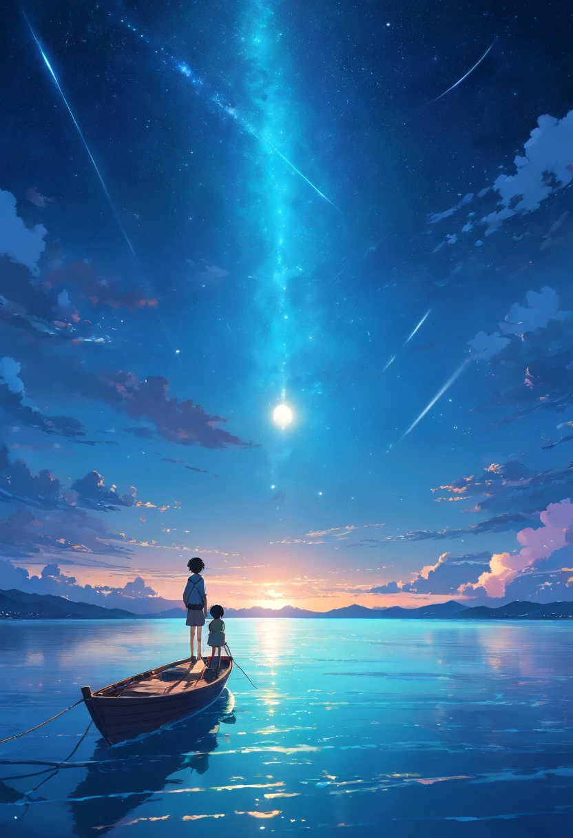 Vast night,the beautiful skyline,Large expanses of ocean,Intense and dramatic imagery,the moving visual effects,High hanging moon,Colorful natural light。A sits on a lonely boat,Look at the cyan Kong Ming lantern floating in the sky,The whole night sky is covered with cyan