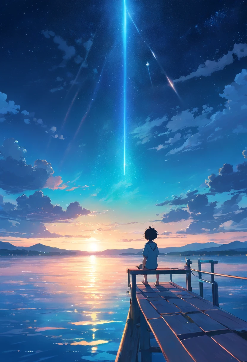 Vast night,the beautiful skyline,Large expanses of ocean,Intense and dramatic imagery,the moving visual effects,High hanging moon,Colorful natural light。A little boy sits on a lonely boat,Look at the cyan Kong Ming lantern floating in the sky,The whole night sky is covered with cyan