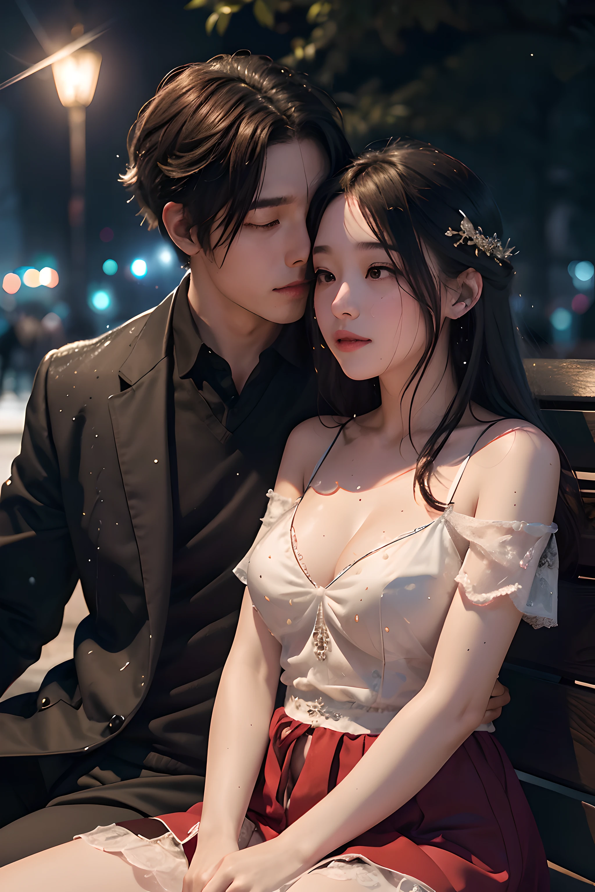 Intimate and high-quality photos of (Couple:1.2), Sit On (Bench:1.1), (Enchanting Light:1.1), sexy, passionate, exquisitely detailed, (sweat:1.1) with (glittering droplets:1.1), castle backgrounds, Sony Alpha 7R IV Camera, Digital Photo, f/2.8 lens, black-red, , Too many realistic textures, trends on social media, night light