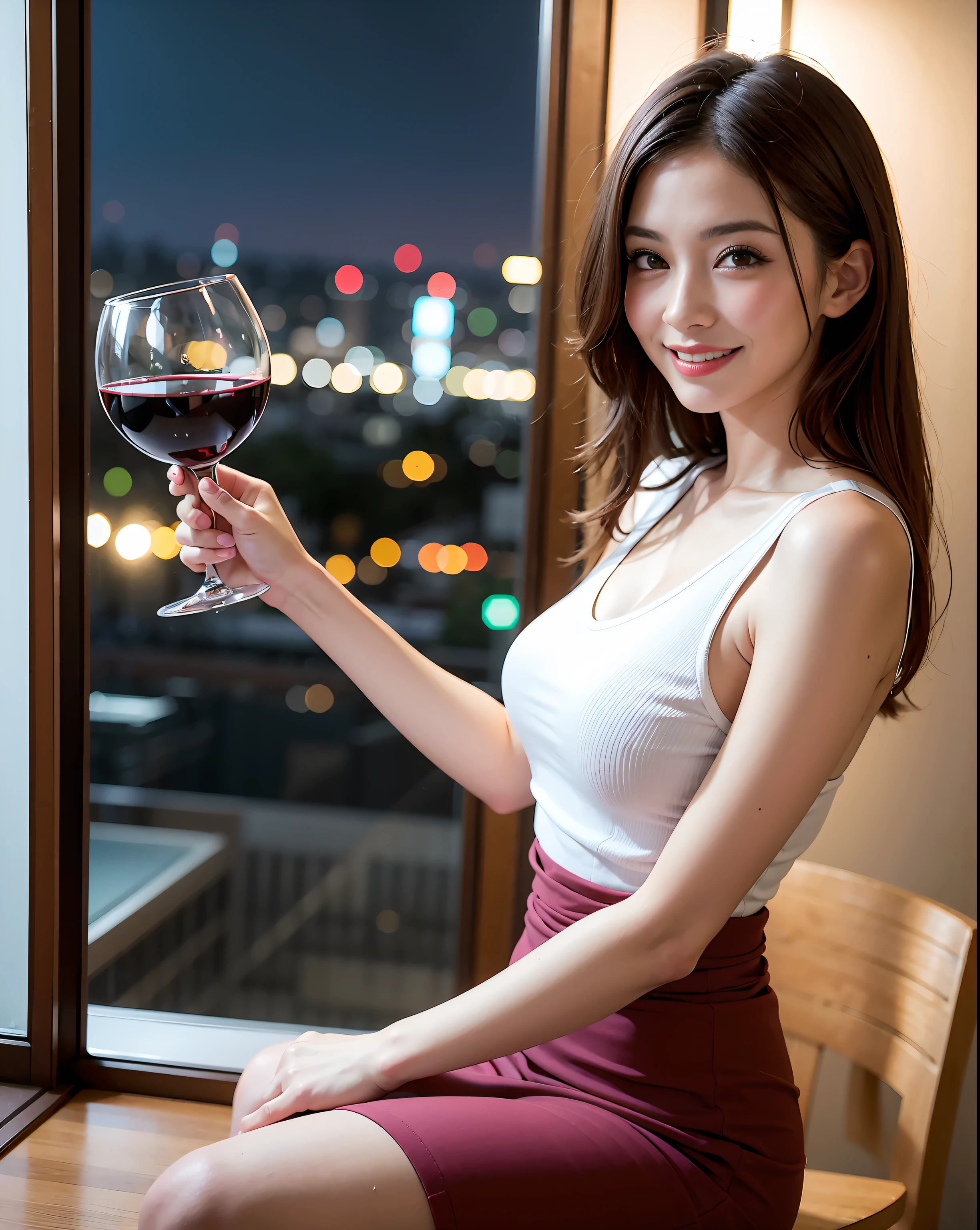 (64K, UHD, top quality, masterpiece: 1.2), (realistic, photorealistic: 1.37), super detailed, pretty woman 1 person, (slim face), (slim body), (brown hair), (short cut), cheeks slightly blushing, (44 years old), 38 years old, solo, beautiful detailed urban night view outside the window, restaurant, wine glasses sit, at night, in a prominent placeNovaFrogStyle, Actress, Model, Waist Up, White Wine, Slim, Wine Glass, Super Clean Night View, Wine Glass Put in the Middle, Happy Smile, (Smile: 1.15), Beautiful Fine Eyes, Upper Body, Bust Japan Up, Night, Short, Short, Actress, Model, Waist Up, White Wine, Slim, Wine Glass, Super Clean Night View, Wine Glass Put in the Middle, Happy Smile,