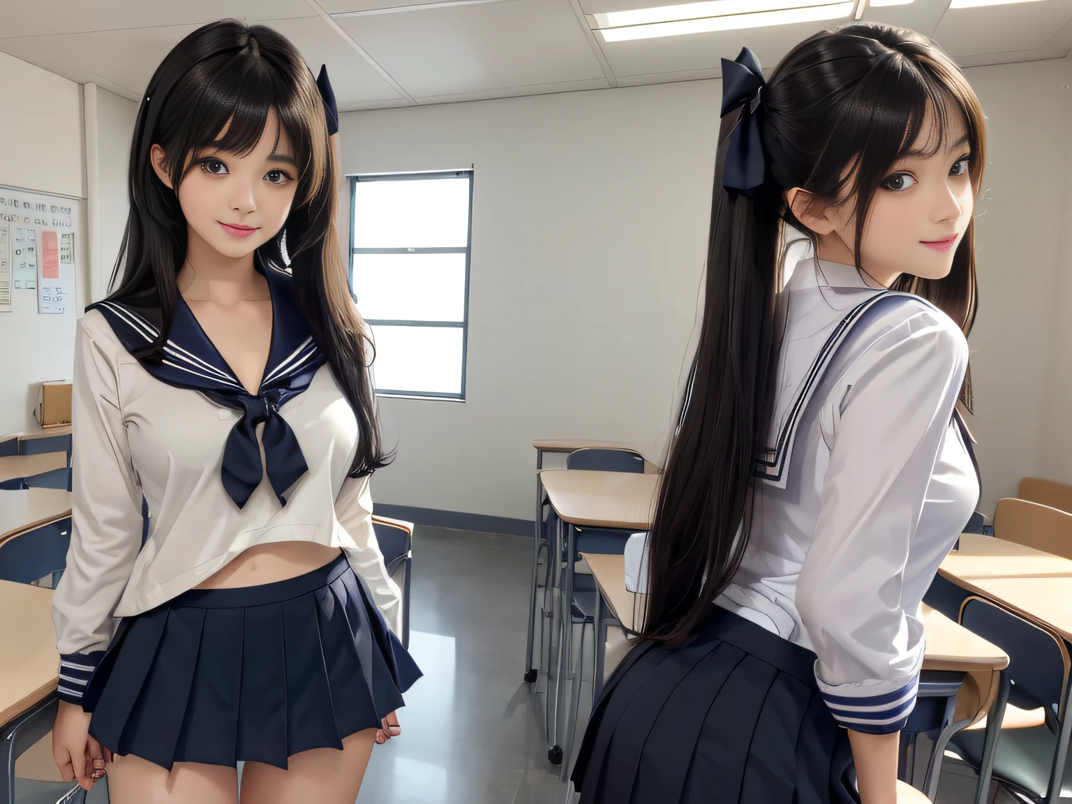 (masuter piece:1.3)、(8K、Photorealsitic、Raw photography、top-quality: 1.4)、(2girls)、Beautiful expression、(Lifelike face)、(Bright black hair、short-cut: 1.5)、Twin tail、Realistic eyes、Beautiful details、(real looking skin)、Beautiful skins、absurderes、enticing、超A high resolution、Ultra-realistic realism、high detal、the golden ratio、(Beautiful woman with accentuated slim abs:0.4)、(Casual Hair、Beautiful breasts)、Soft breasts、((cheely smile))、Exposed cleavage、Exposed legs、(standing in a classroom)、(Girl in front of school uniform、The skirt of the uniform is rolled up.、a sailor suit: 0.6)、(Thin fabric underwear、Fluttering chest、Flip the skirt: 1.8)、(Bewitching hips: 0.7)、(Looking back)、(Take a look at our:1.5)、(Looking at the camera)、Twintail hairstyle,A dark-haired、bow ribbon、