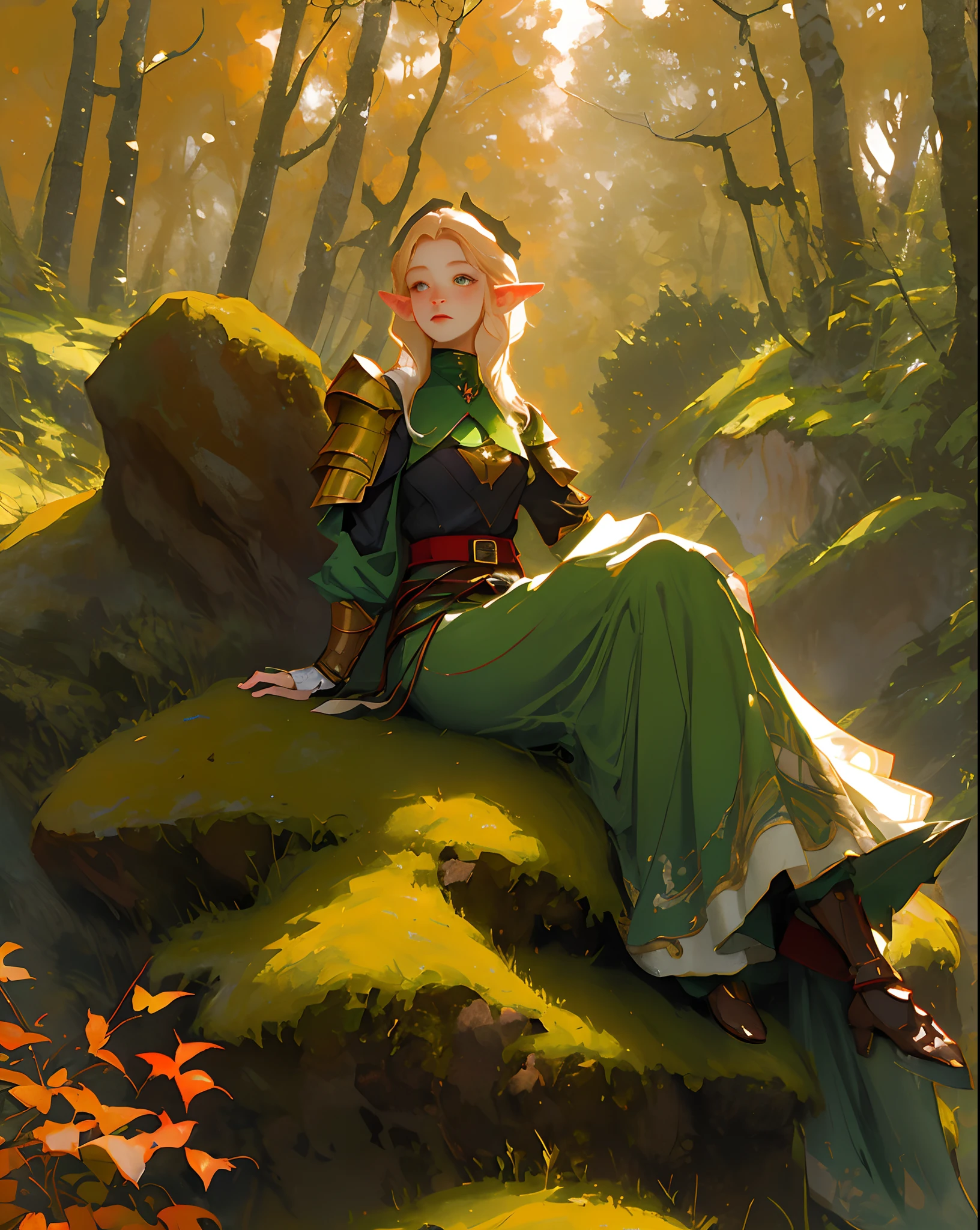Very beautiful elf woman sitting on a stone covered with moss, Clothing Armor, Golden autumn on the background, Jungle and Livni, high grass, Autumn day in the forest