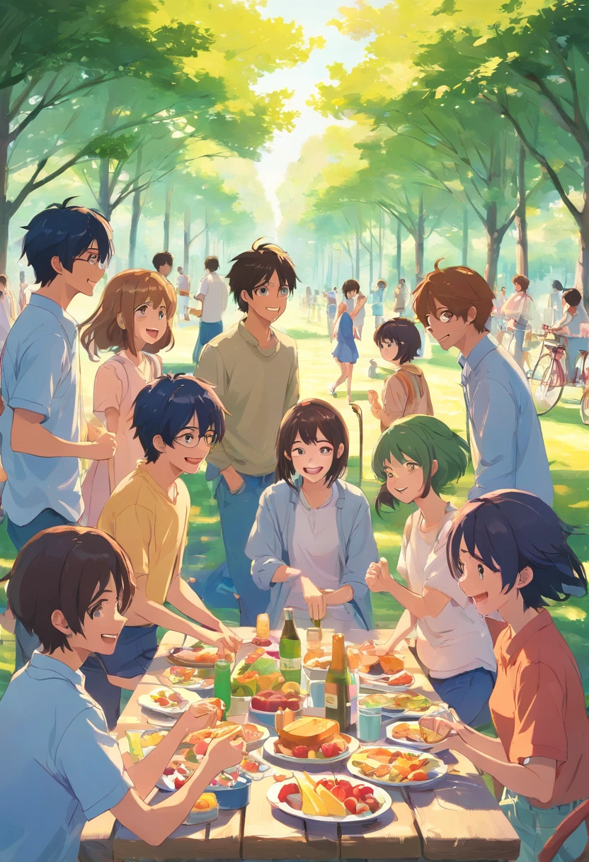 A group of cheerful young men and women, Friends for picnics, En plein air, park, Laugh and have fun,Face natural