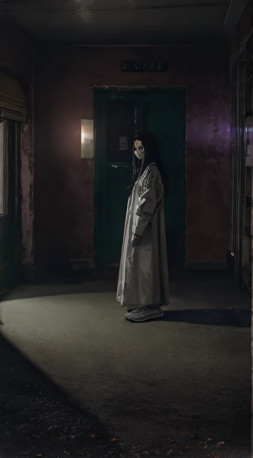 Horror movie shot of creepy girl with long straight black hair, No face, Wearing a dirty hospital gown, Stand alone in the mansion at night, thirds rule, Tonal color scheme, Pale Brown, Pensive silence, Bokeh, mystery, Horror, unholy, eery, creepy, Moody lighting, In the style of Denis Villeneuve, Film Still, cinestill 800