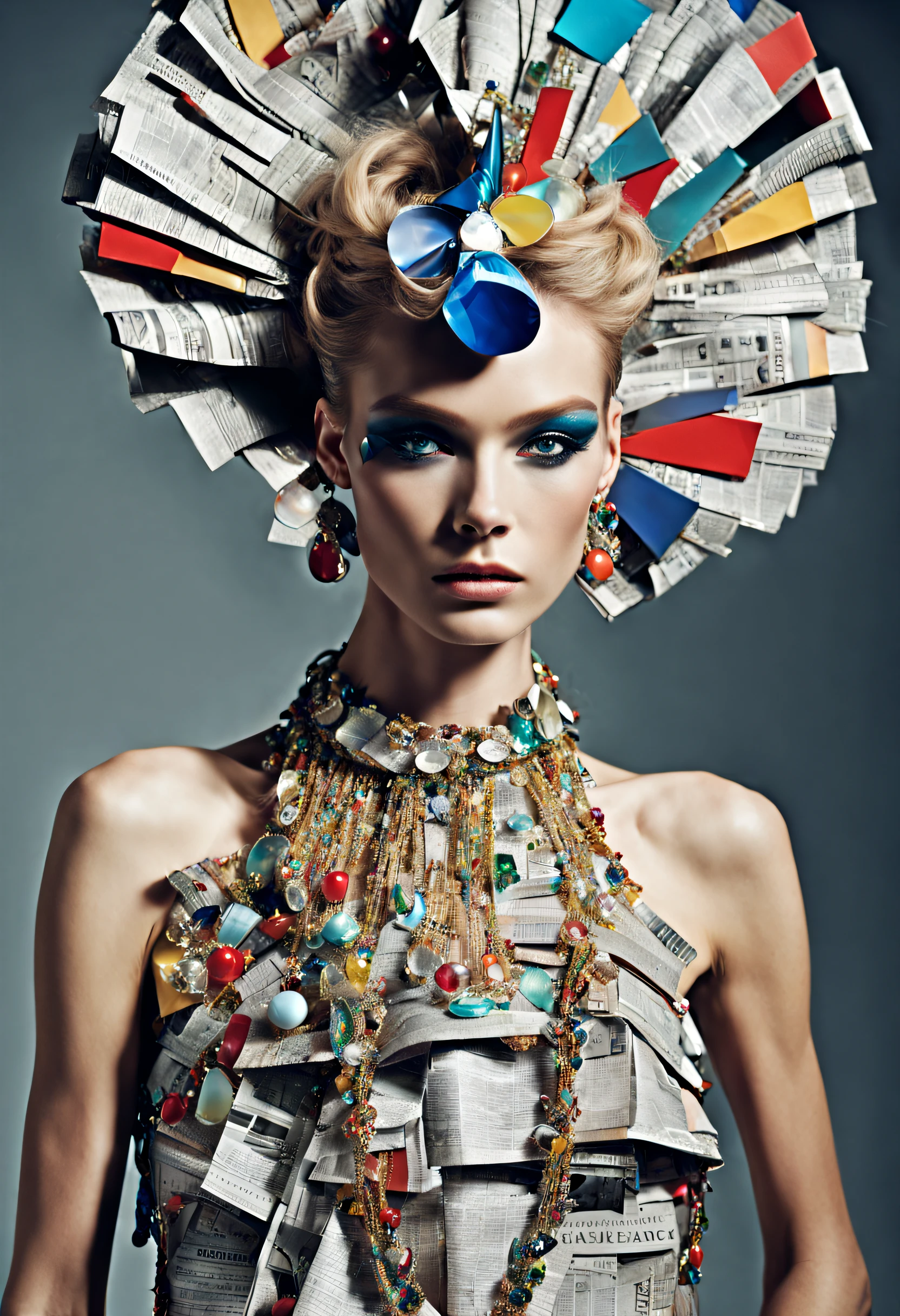 a handsome female, Costumes made of old newspapers, Haute Couture Fashion Photography, In the style of Karl Lagerfeld、 Colorful, Eye-catching anaglyph composition, Bright palette, A play of light and shadow, The aesthetics of the recycling spirit, Olivia Gibbs Haute Couture, full length, shining crystals, Sparkling sunshine, Hairsh, Decorated with crystal beads, placed in loose braids,, Haute couture is a complex dress made of newspaper, Shiny Diamond Necklace, Chain earrings with collar, Long Ending, Bright, livestream, Colored;, Fashion magazine style, In the style of Chanel, the golden ratio、Masterpiece、top-quality