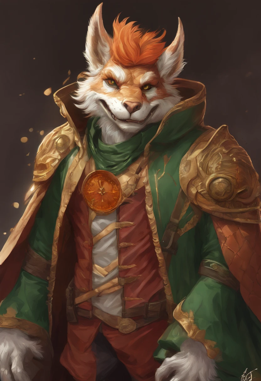 (((by Zackary911, by Kenket, By Kilinah))), Solo Male, Bright orange skin, Orange scales, (((Leprechaun)), (Detailed kobold)) Wearing a red cape with a hood, Green gemstone on collar, Bandage thighs and bandage chest, muscular toned, Dragon's Tail, Messy hair, Front view, looking at the observer with an embarrassed smile, Blush, Take the staff, Perspective, finely detailed paws,