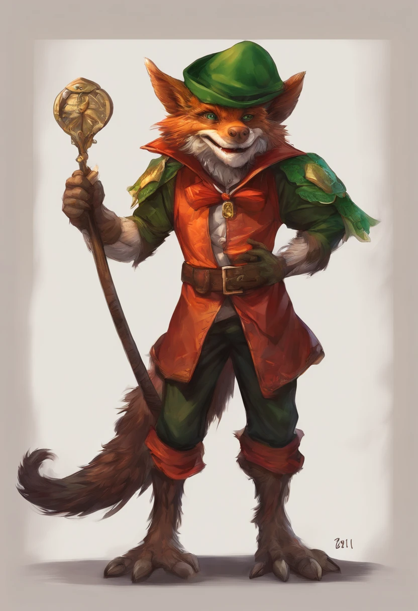 (((by Zackary911, by Kenket, By Kilinah))), Solo Male, Bright orange skin, Orange scales, (((Leprechaun)), (Detailed kobold)) Wearing a red cape with a hood, Green gemstone on collar, Bandage thighs and bandage chest, muscular toned, Dragon's Tail, Messy hair, Front view, looking at the observer with an embarrassed smile, Blush, Take the staff, Perspective, finely detailed paws,