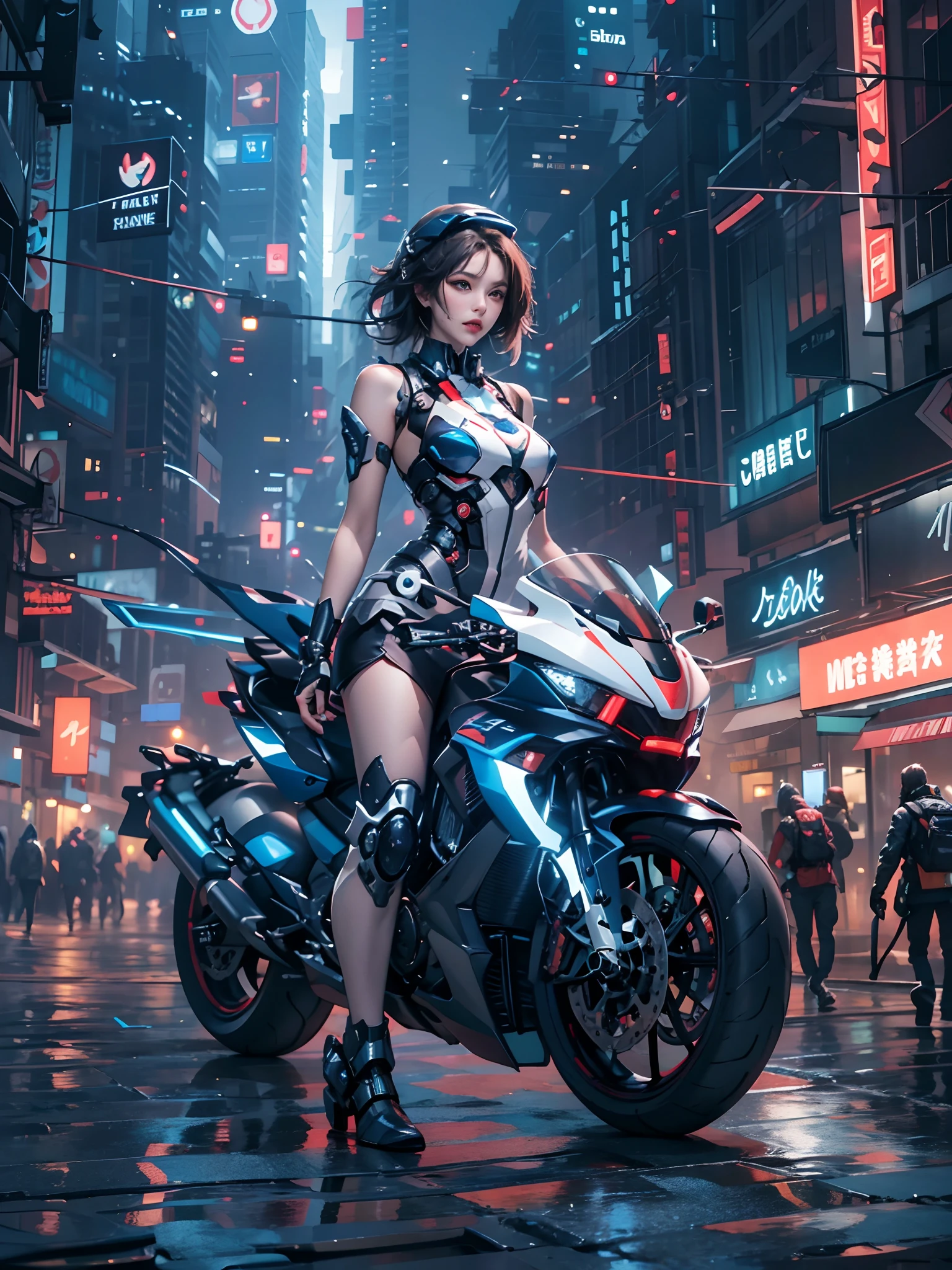 Highest image quality, Outstanding details, Ultra-high resolution, (Realism: 1.4), The best illustration, favor details, highly condensed 1girl, with a delicate and beautiful face, Dressed in black and blue mechs, wearing a mech helmet, holding a directional controller, Riding on a motorcycle, the background is a high-tech lighting scene of the city of the future.