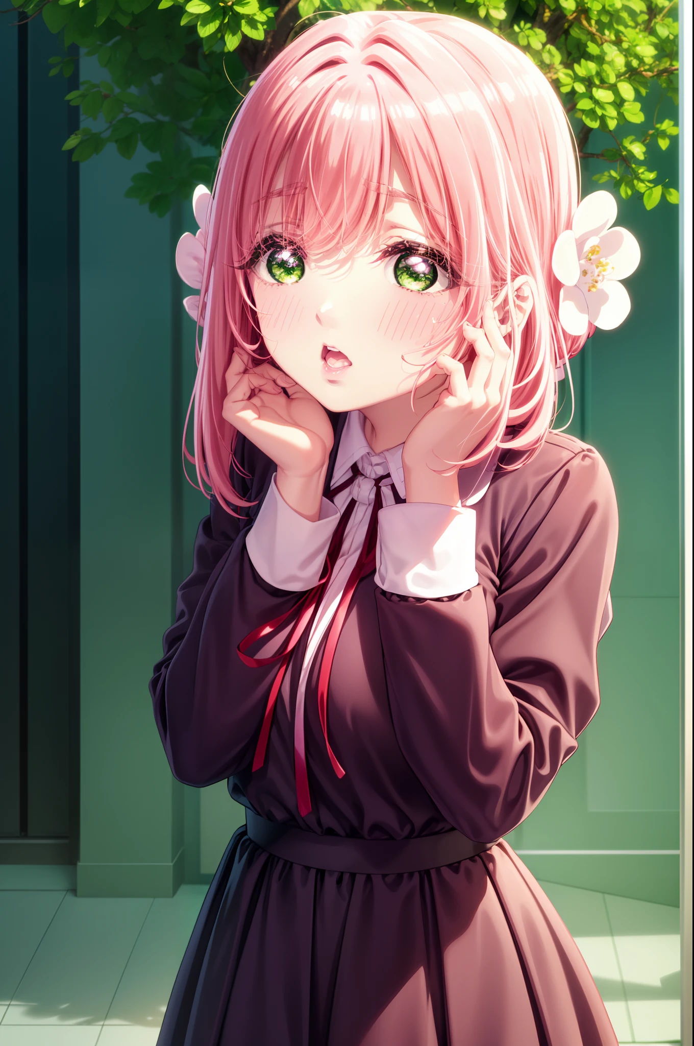 1girl, bangs, black background, blush, flower, green eyes, hair between eyes, hair flower, hair ornament, hands on own cheeks, hands on own face, jacket, long sleeves, looking at viewer, medium hair, neck ribbon, open mouth, pink hair, red ribbon, ribbon, school uniform, shirt, solo, upper body, white shirt