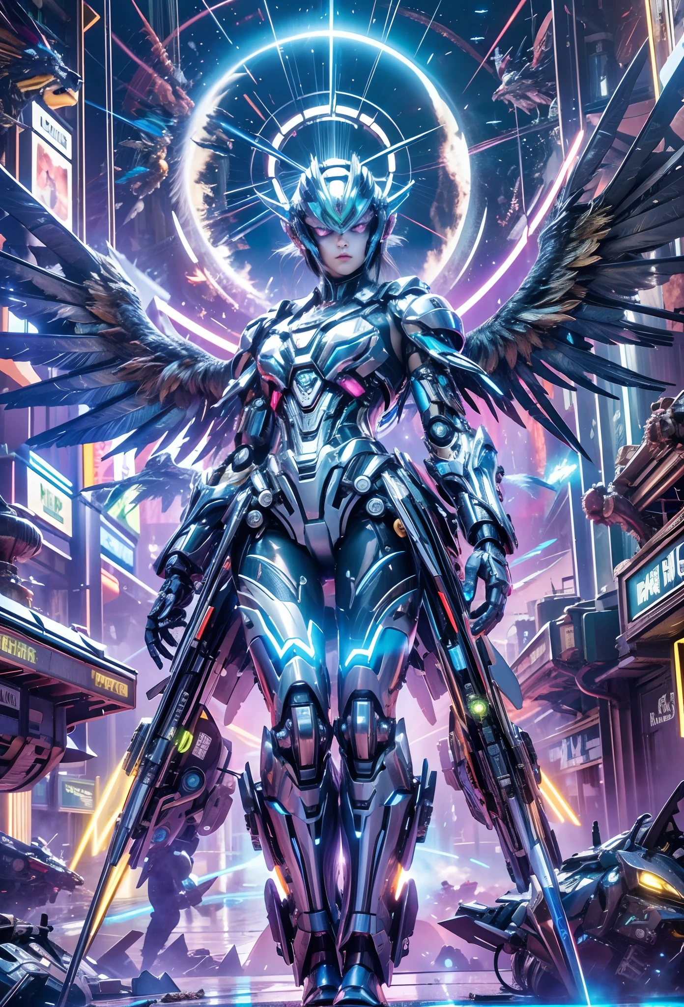(Best quality, 8K, A high resolution, tmasterpiece:1.2), (Ultra-detailed), (anthropomorphic turtle),(Cybertron futuristic mechanical female bald eagle), (Battle Angel Lolita),full bodyesbian, dreamy glow,luminous neon lights,High-tech mechanical parts,Metal claws and wings,Metal heads and pecks,Metal feathers,Extremely cool,Metal legs,Bionic eye,Detailed feather design,sharp beak,hovers in mid-air,Electric blue and bright purple,Vivid glowing eyes,Reflective metal surface,Interlocking mechanical gears,Dynamic and stylish design,motion blur effect,meticulous craftsmanship,Sci-fi atmosphere,Streamlined aerodynamic shape,Laser scanning pattern,holographic projections,Light-emitting circuit lines,hauntingly beautiful,Otherworldly precision,Advanced sensors,Complex algorithms,Ominous and mysterious atmosphere,electric sparks,Shiny chrome plating,Futuristic propulsion system,独奏,Medium shot,concept-art, Fantasy theme,voluminetric lighting, Global illumination, Reflection, hyper HD,The light is bright,RGB colors,vibrant with colors, Mecha musume,McCorg gear