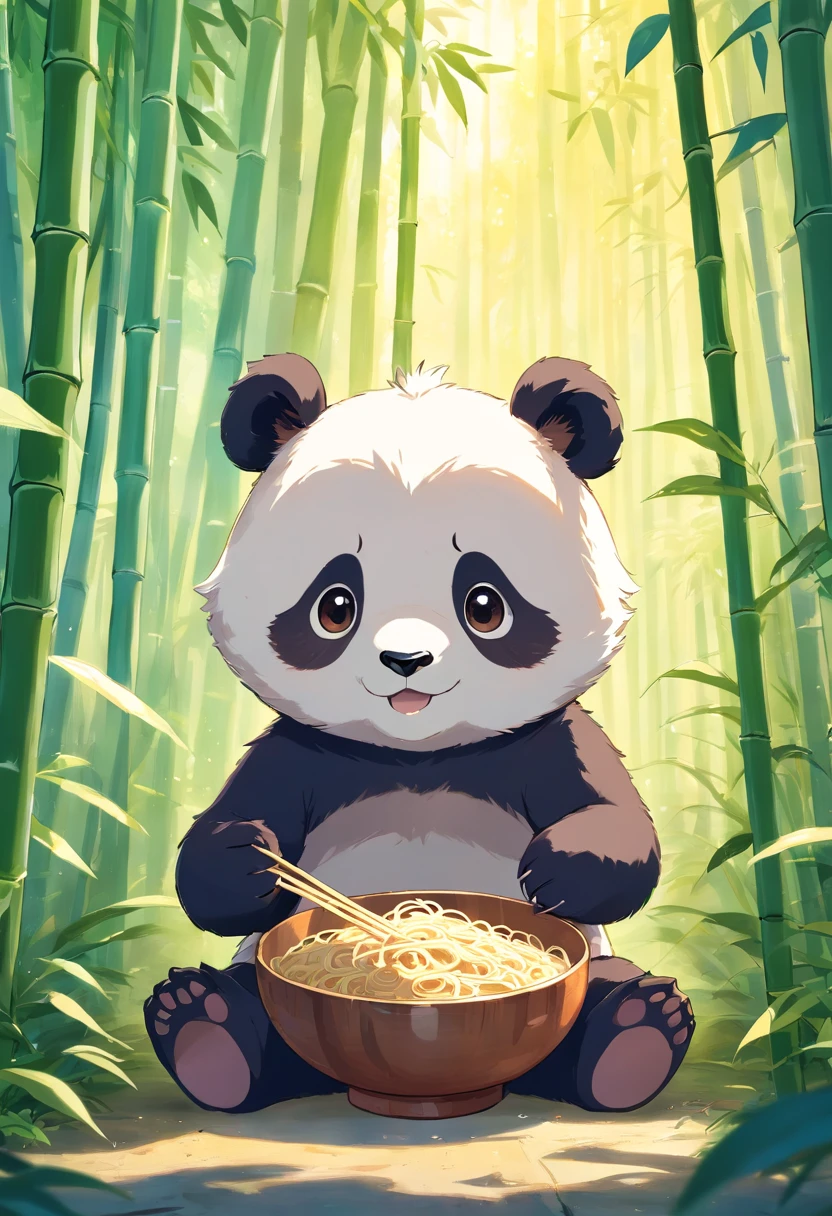 A cute furry panda cub sits in a sunny bamboo glade, Holding a bowl of noodles in his hand,Smiling towards the camera,Warm light filters through the leaves,Detailed fur texture, Peaceful and natural mood, Gentle lighting. Traditional watercolor style. --AR 4:5 --s 400 --niji 5