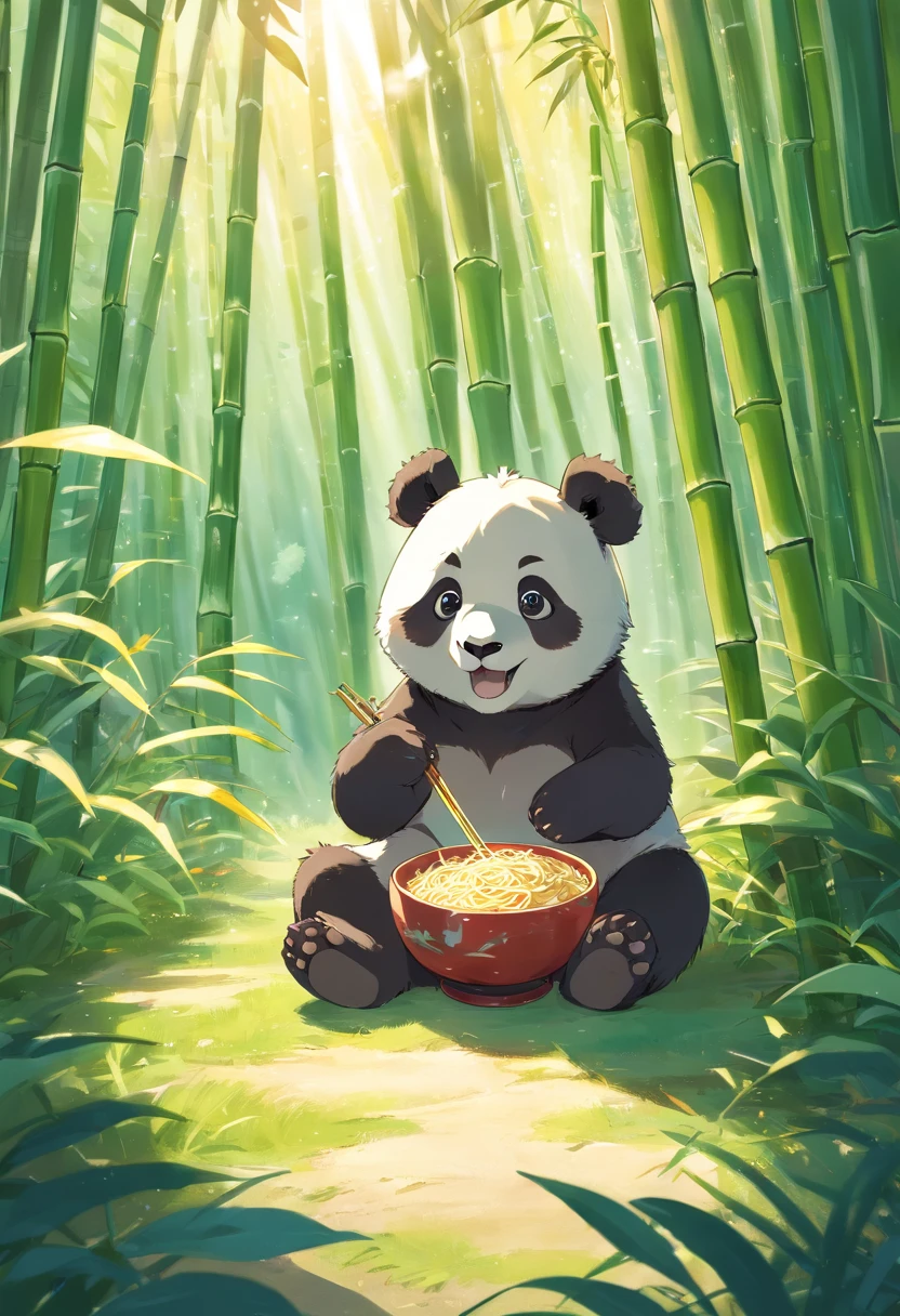 A cute furry panda cub sits in a sunny bamboo glade, Holding a bowl of noodles in his hand,Smiling towards the camera,Warm light filters through the leaves,Detailed fur texture, Peaceful and natural mood, Gentle lighting. Traditional watercolor style. --AR 4:5 --s 400 --niji 5