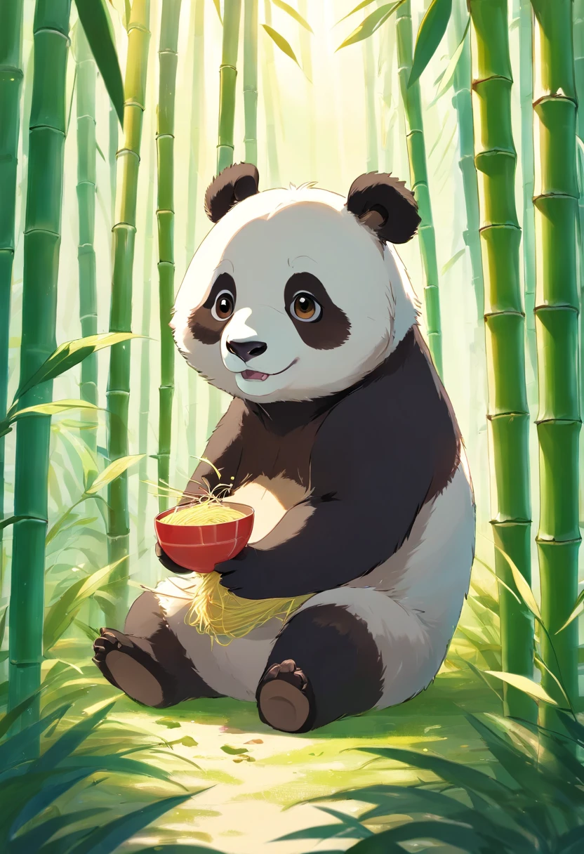 A cute furry panda cub sits in a sunny bamboo glade, Holding a bowl of noodles in his hand，Smiling towards the camera，Warm light filters through the leaves，Detailed fur texture, Peaceful and natural mood, Gentle lighting. Traditional watercolor style. --AR 4:5 --s 400 --niji 5